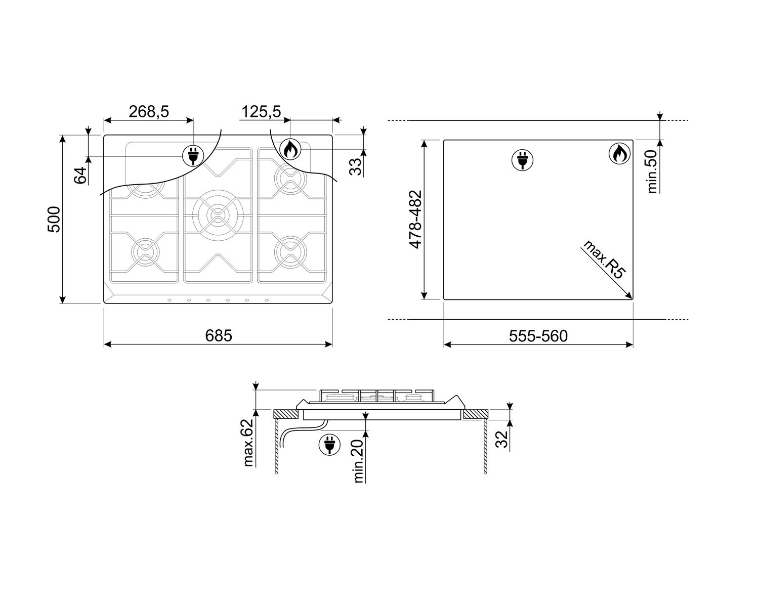 Widok z góry i widok z boku schematów płyty gazowej, pokazujący wymiary i szczegóły techniczne.