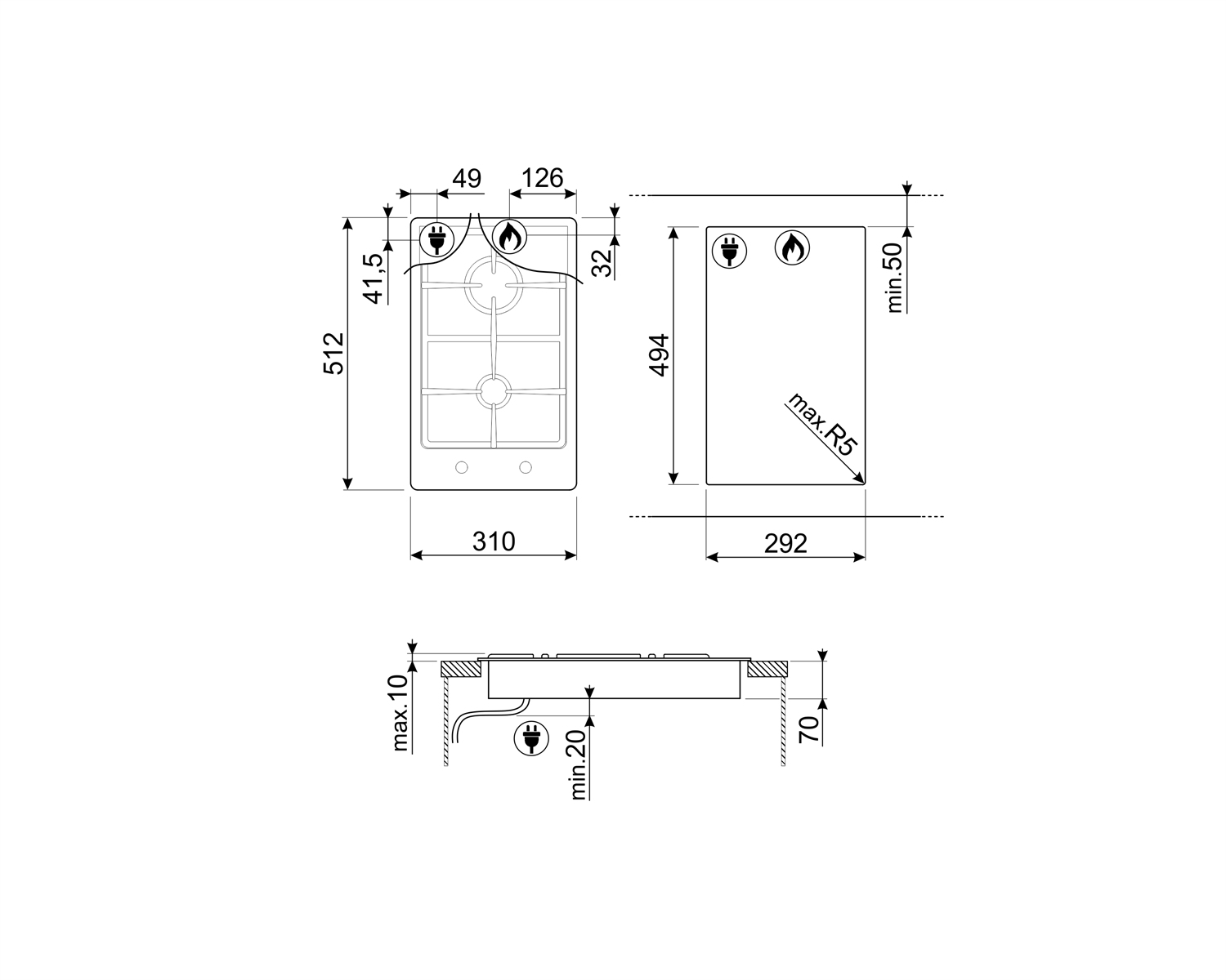 Disegno tecnico di un piano cottura con misure e simboli di gas ed elettricità.