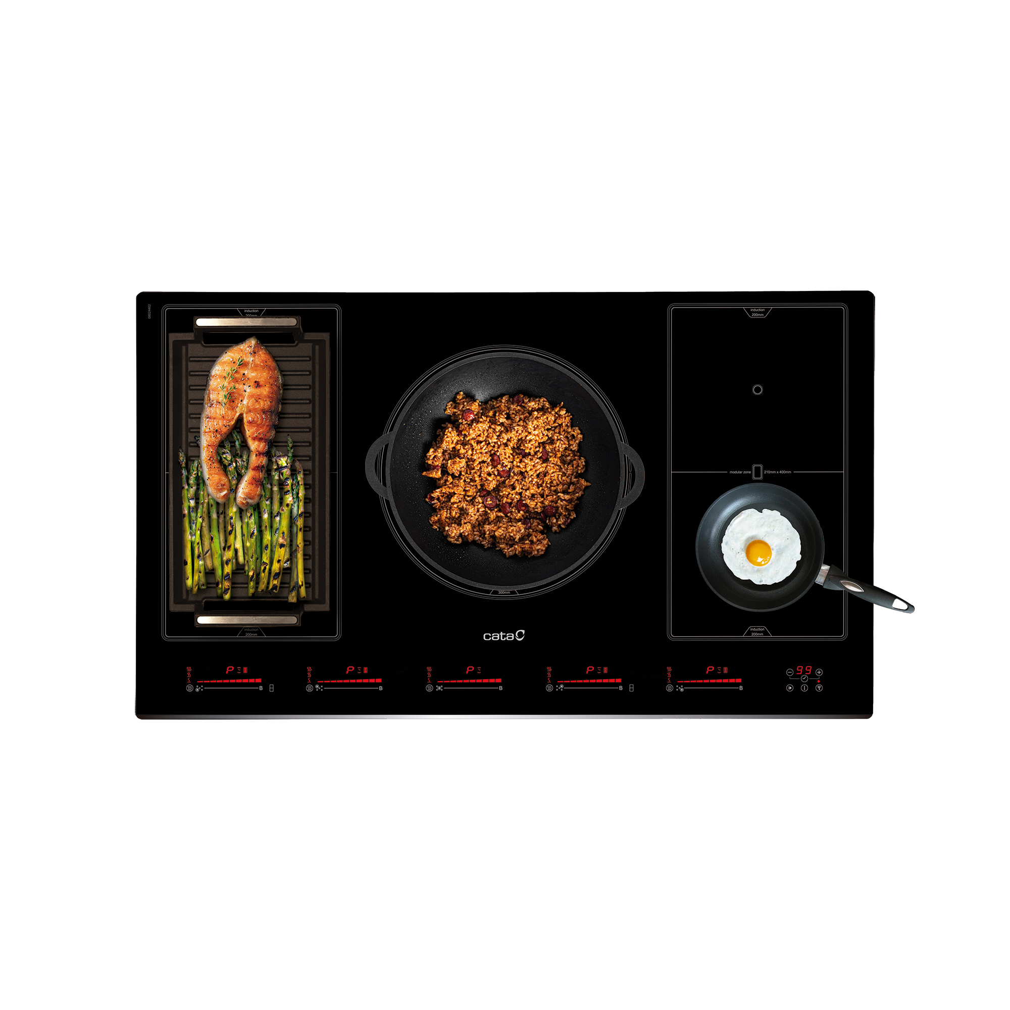Una vista aérea de una placa de inducción negra con varios elementos de cocina.