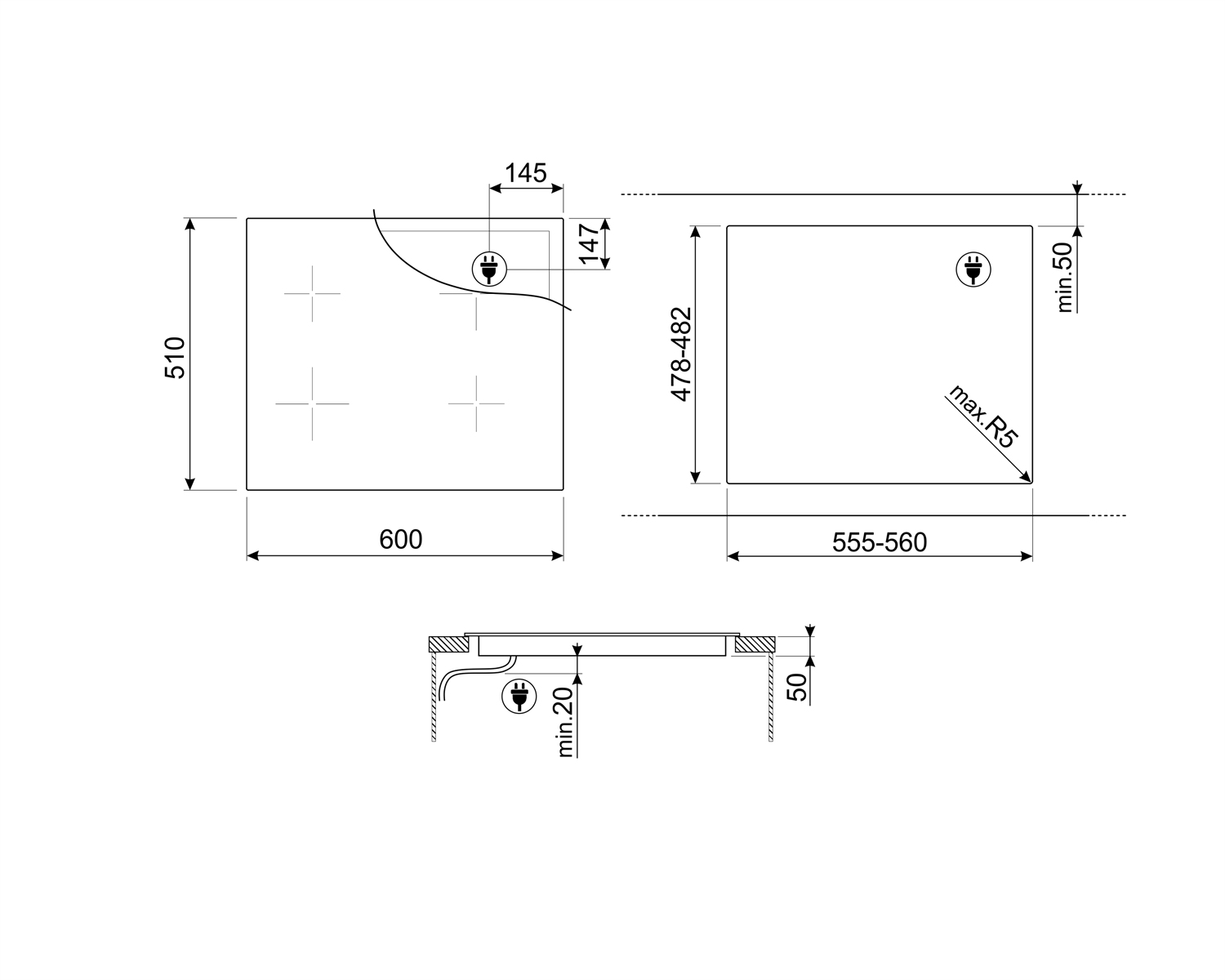 Disegno tecnico di un piano cottura con dimensioni. Mostra viste dall'alto e laterali con misure in mm.