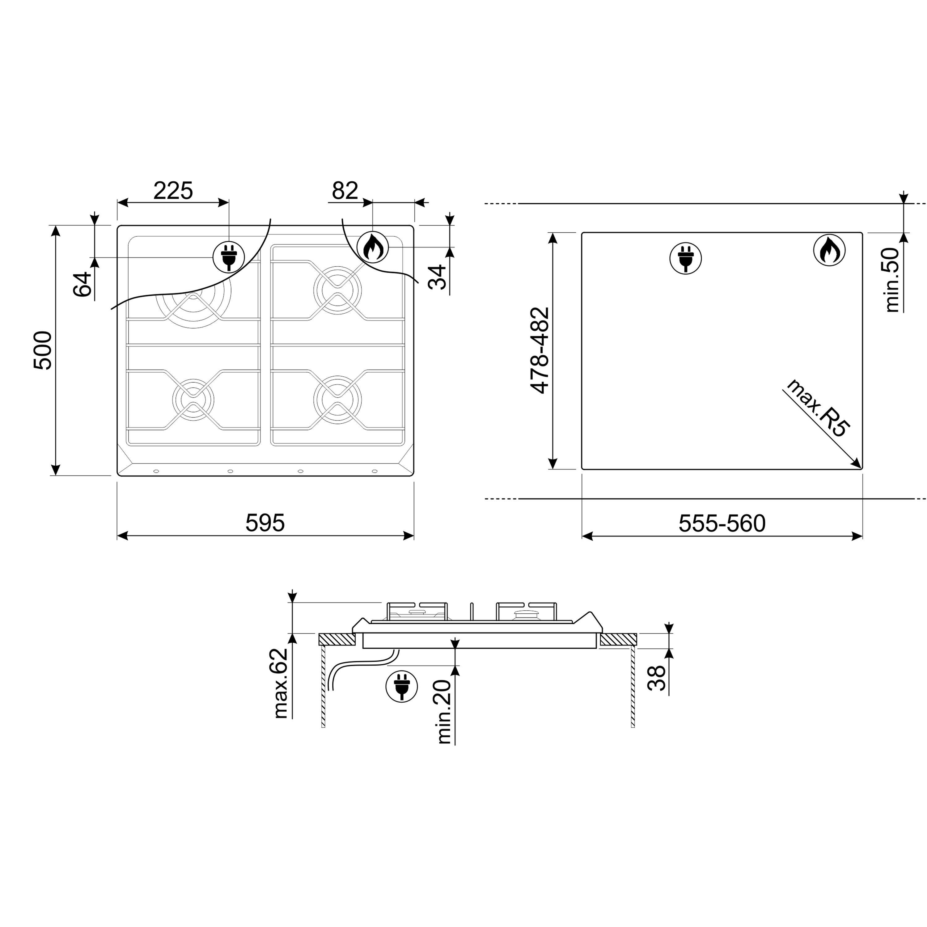 Un disegno tecnico di un piano cottura, con dimensioni e misure.