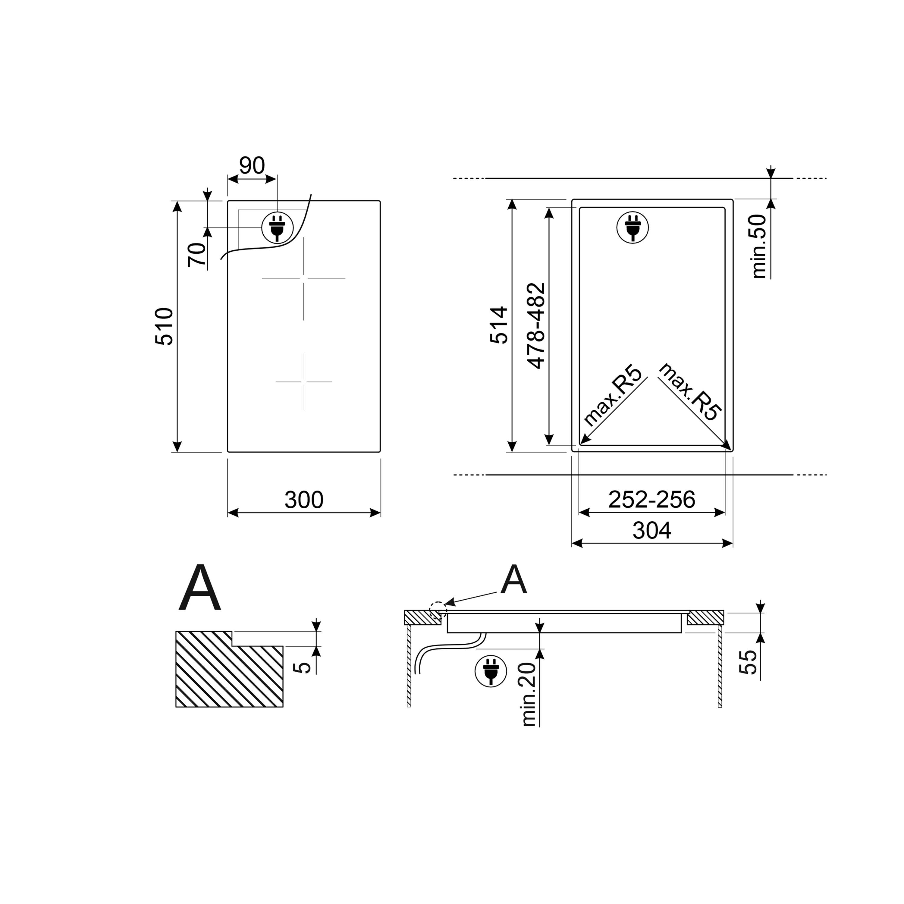 Un diagramma schematico di un piano cottura con dimensioni e misure.