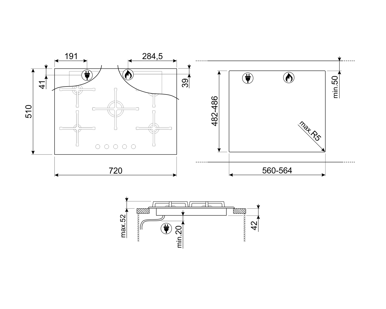 Diagramas de vista superior y lateral de una placa de gas, con dimensiones y detalles técnicos.