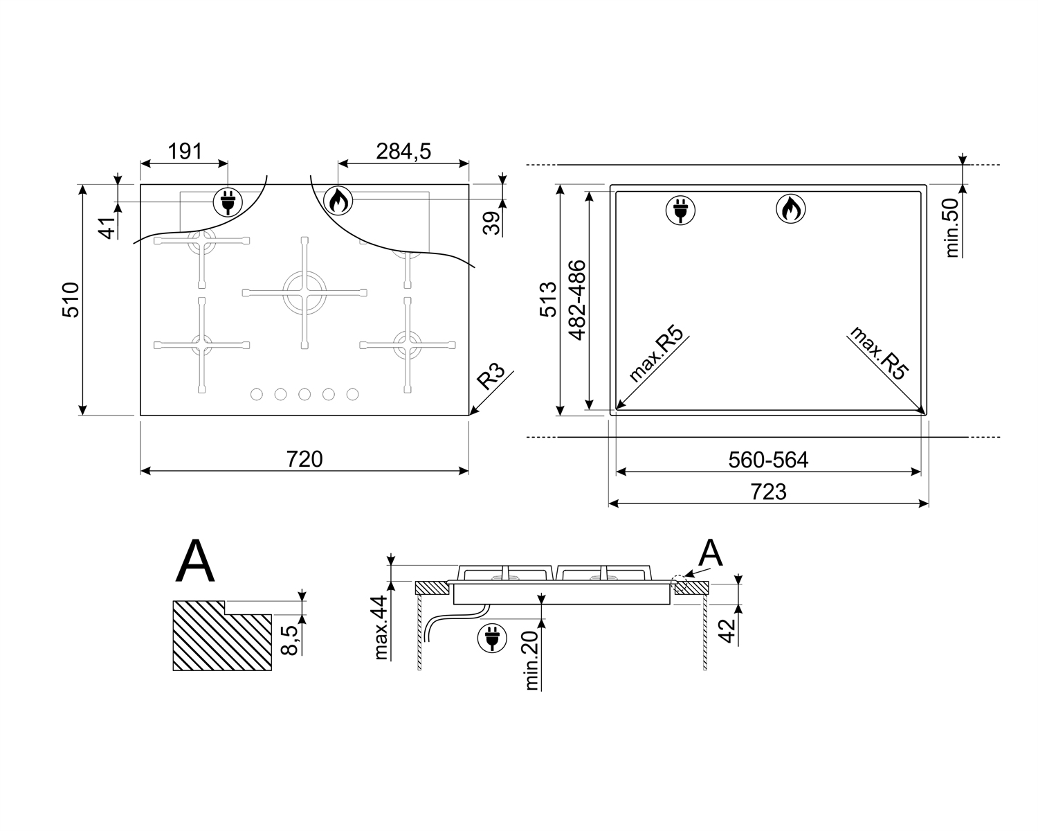 Dibujo técnico de una encimera con dimensiones y una vista en sección transversal.