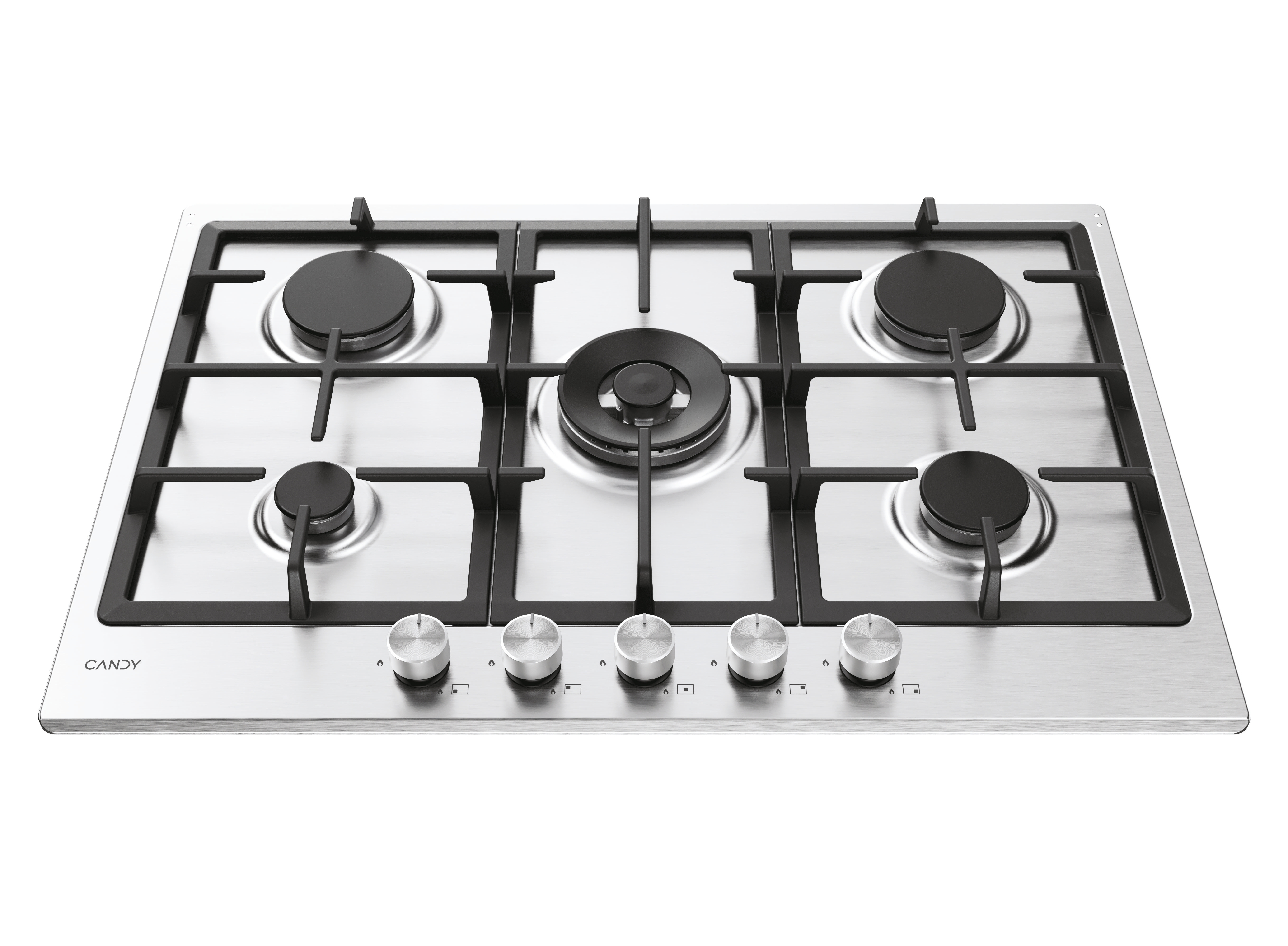 Płyta ze stali nierdzewnej z pięcioma palnikami i pokrętłami.