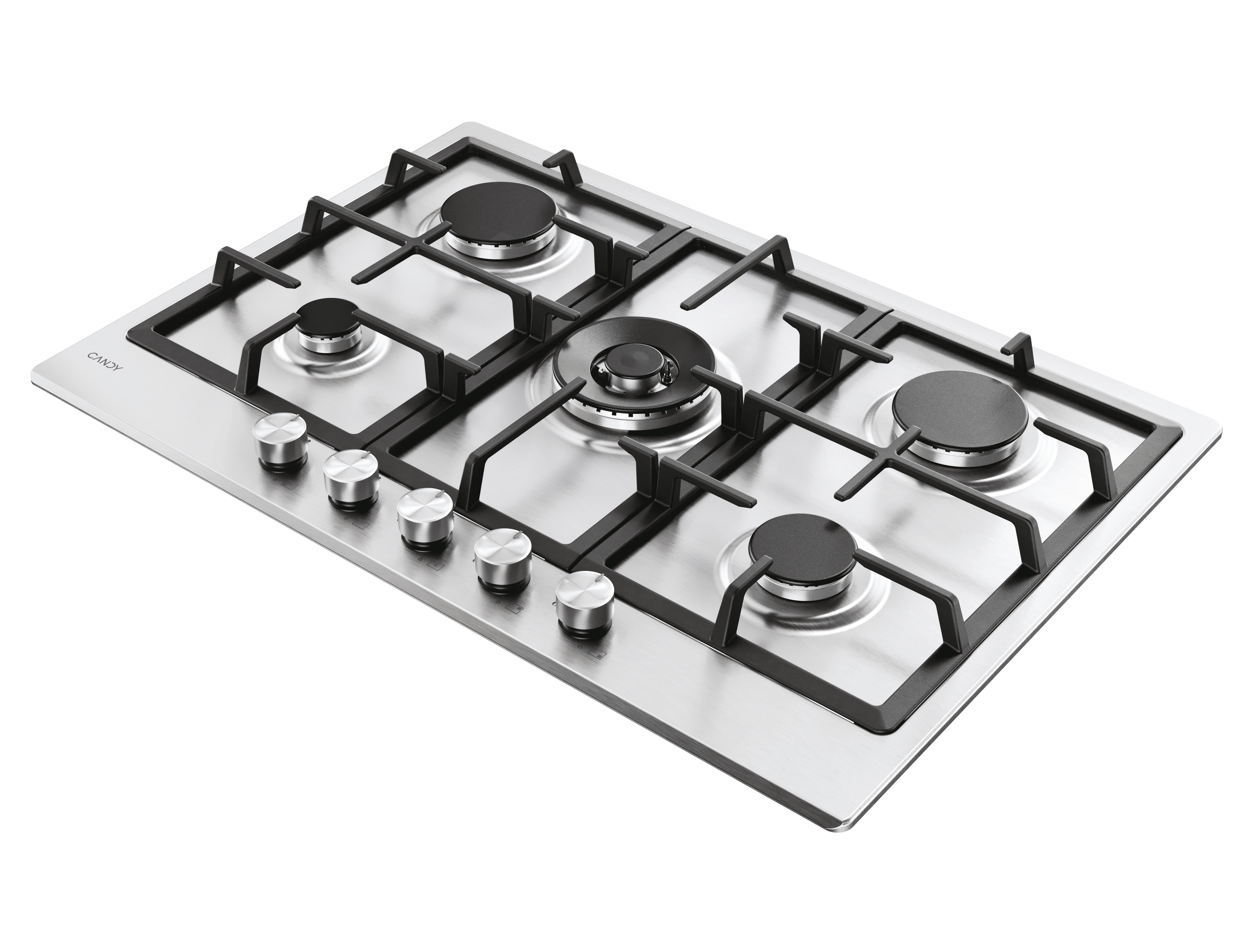 Srebrna płyta gazowa z czterema palnikami i metalowymi pokrętłami.