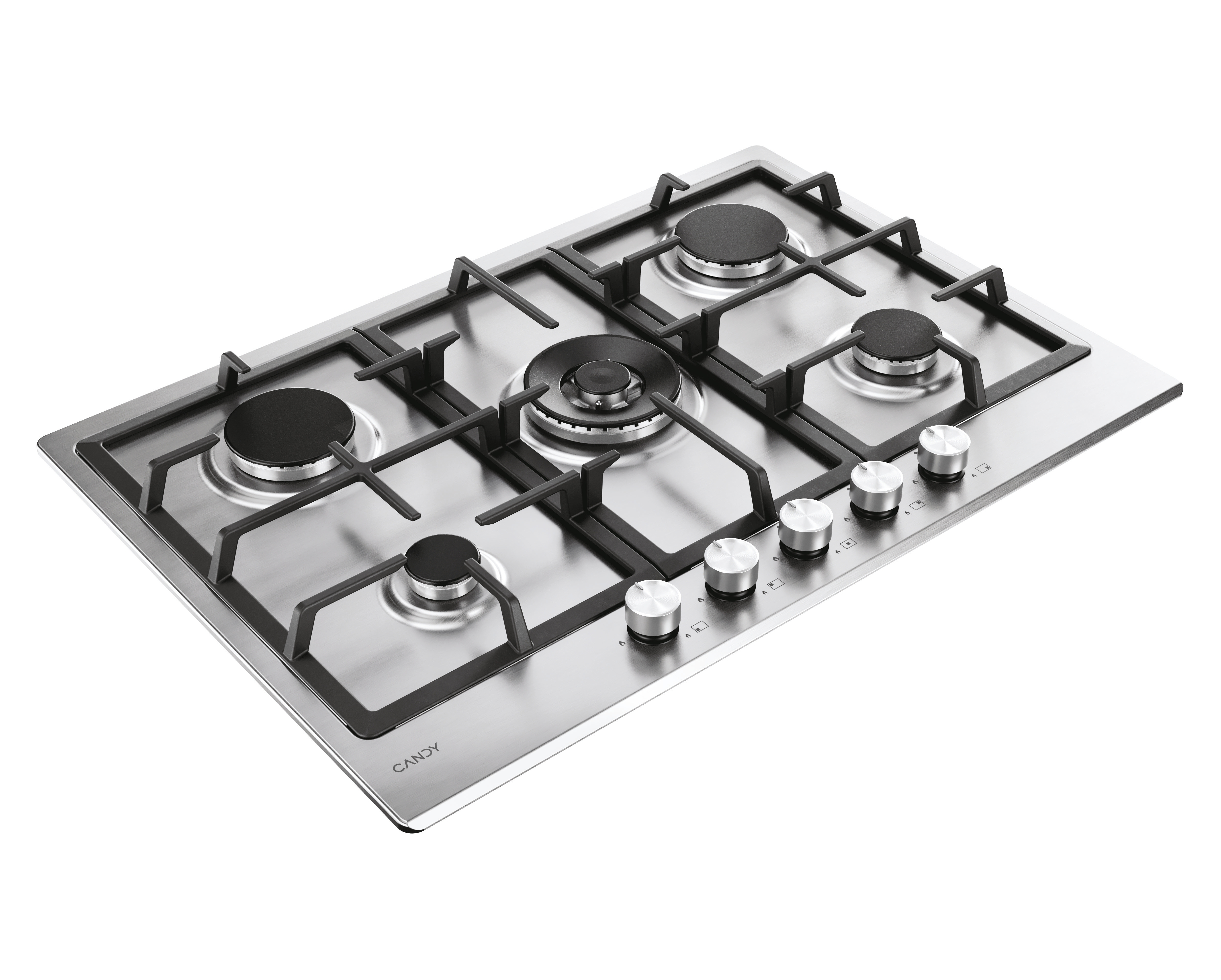 Płyta gazowa Candy ze stali nierdzewnej z pięcioma palnikami i srebrnymi pokrętłami.