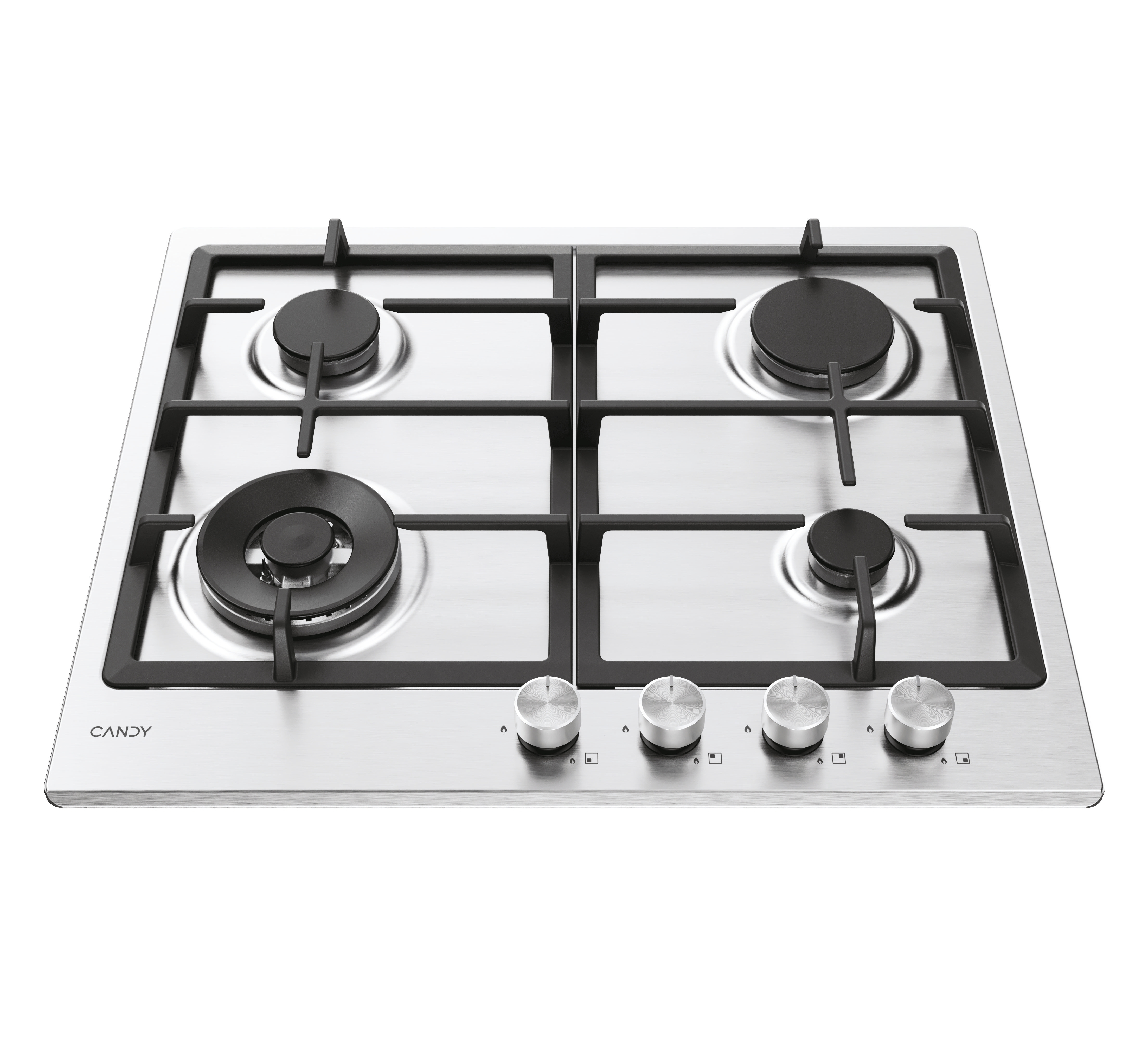 Błyszcząca, nierdzewna płyta gazowa z czterema palnikami i pokrętłami.
