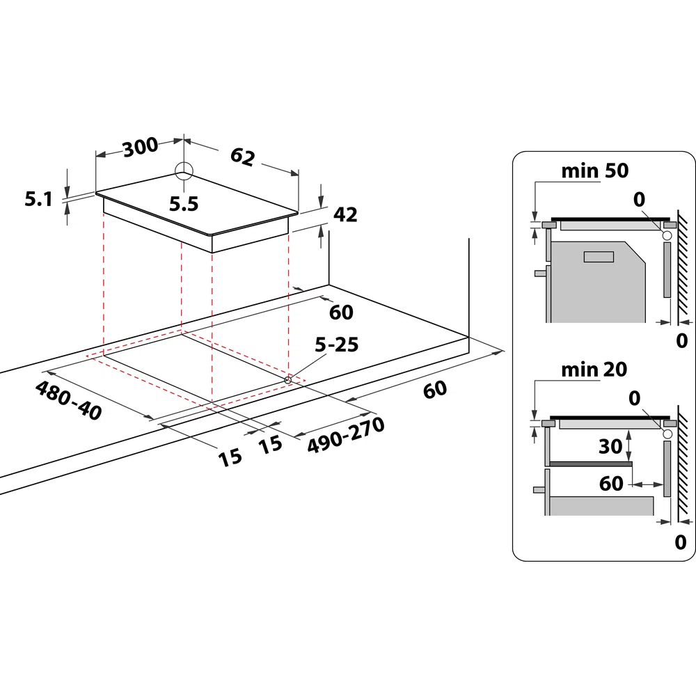 Diagram van een zwart kookveld met afmetingen en installatie-instructies.