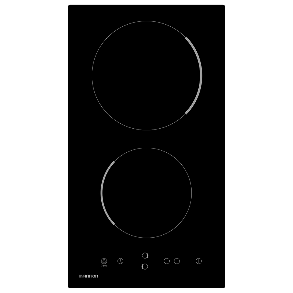 Placa negra con tres zonas de cocción circulares. La marca está abajo.