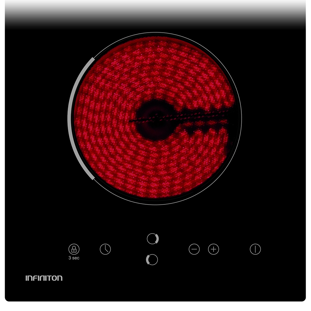 Primer plano de una placa de cocina negra con un elemento calefactor rojo y botones de control.