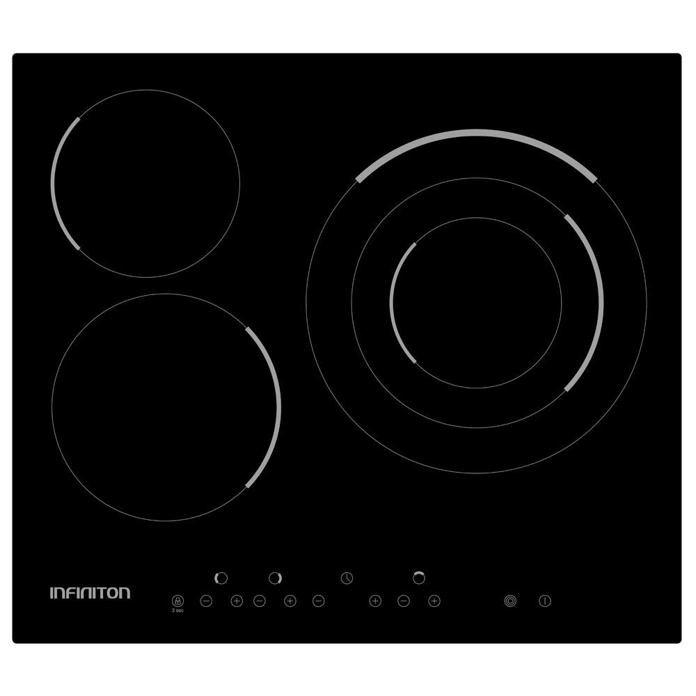 Placa negra con tres zonas de cocción rojas. La marca está en la parte inferior.