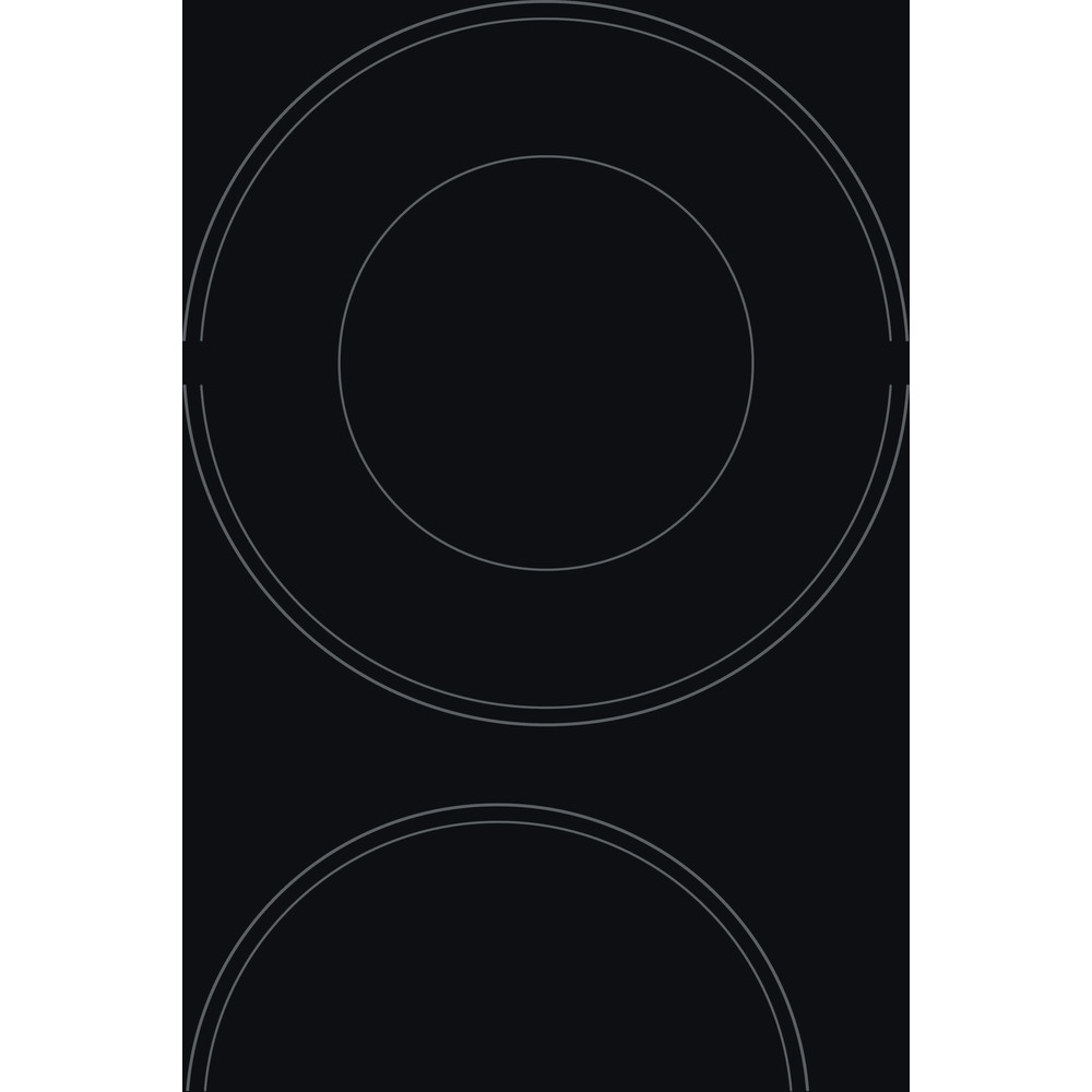 Primo piano di un piano cottura a induzione nero con un design semplice e zone di cottura circolari.
