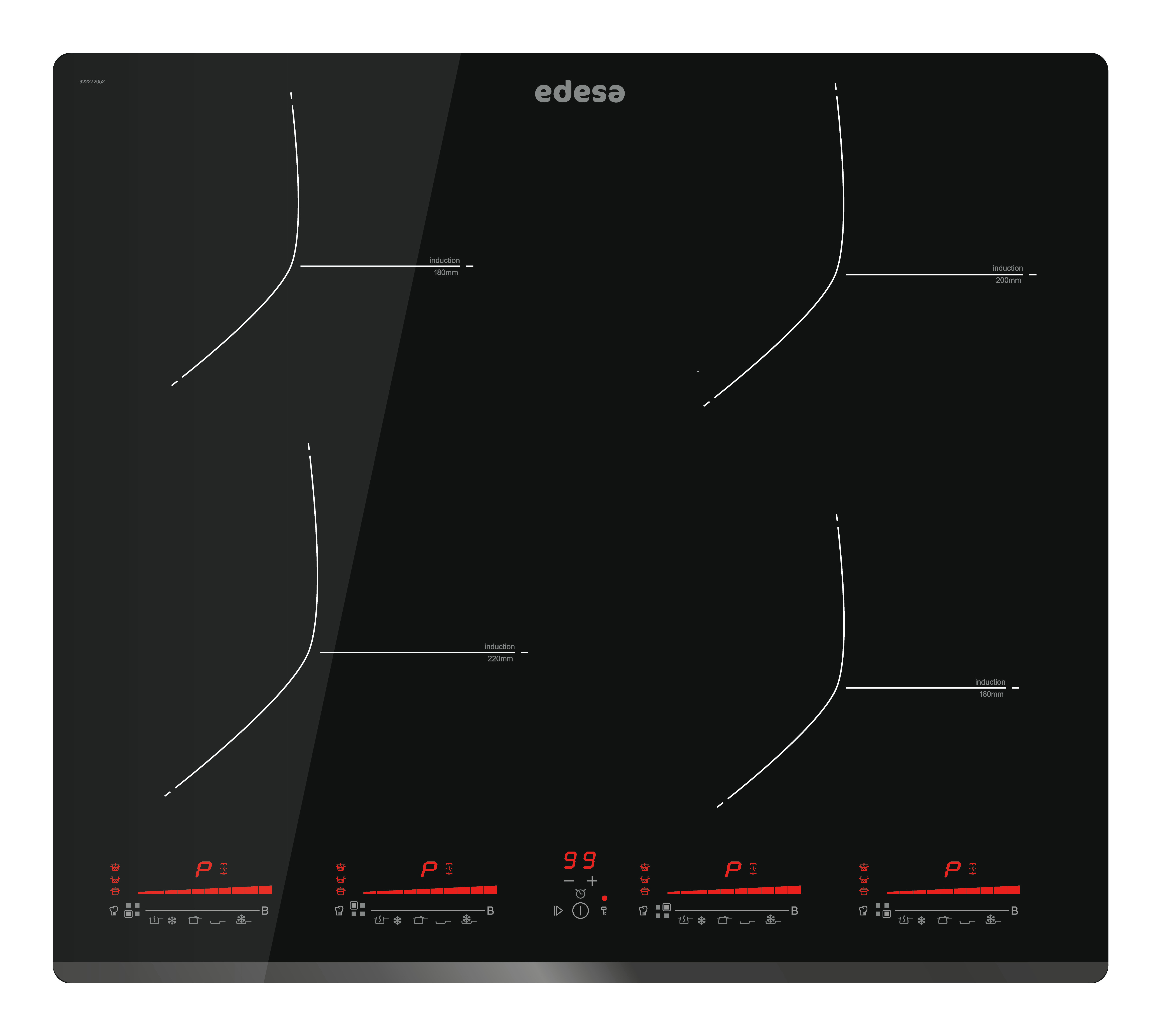 Czarna płyta indukcyjna z czterema palnikami i wyświetlaczem cyfrowym. Marka to edesa.
