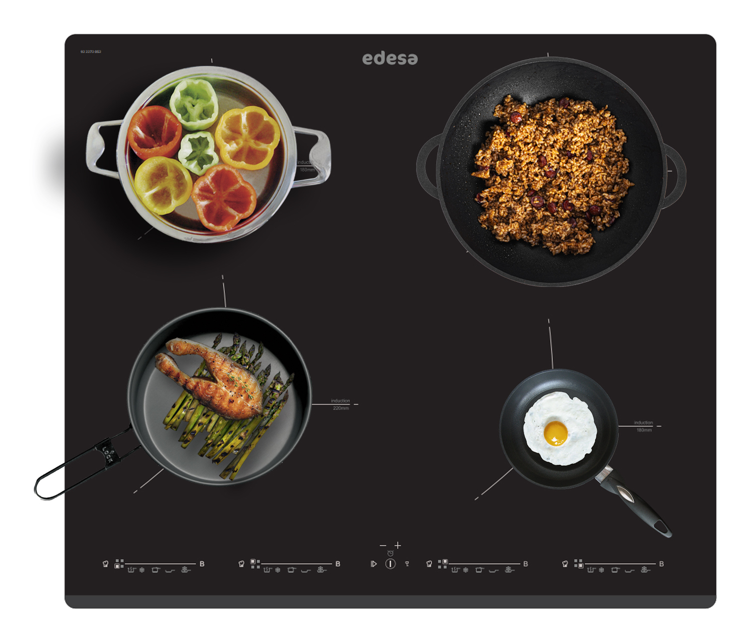 Czarna płyta grzejna z czterema palnikami, na każdym gotuje się jedzenie. Marka to Edesa.