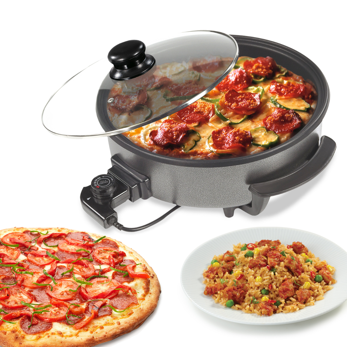 Pizza en sartén eléctrica con tapa abierta, pizza y arroz frito al lado, fondo blanco.