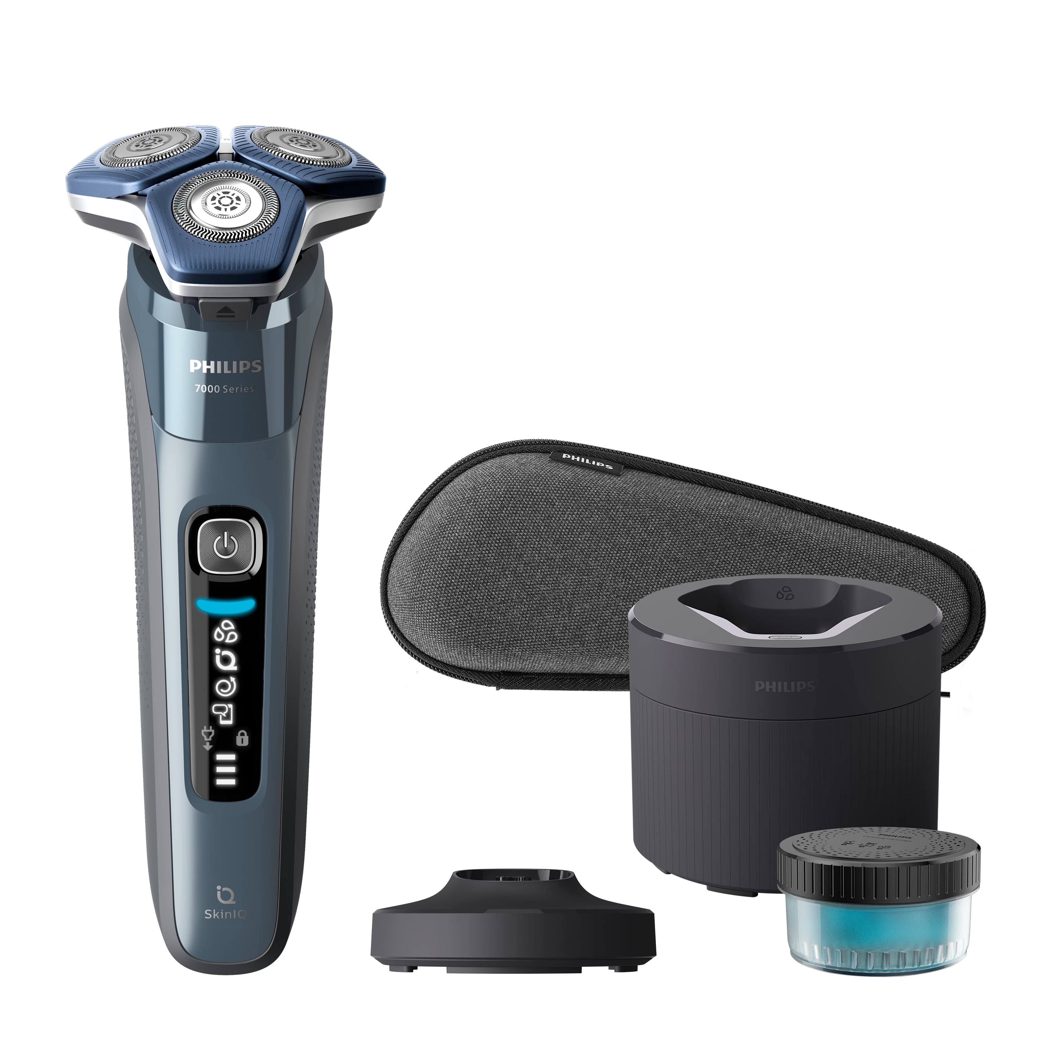 Electric shaver, charging station, travel case, and cleaning solution. White background.
