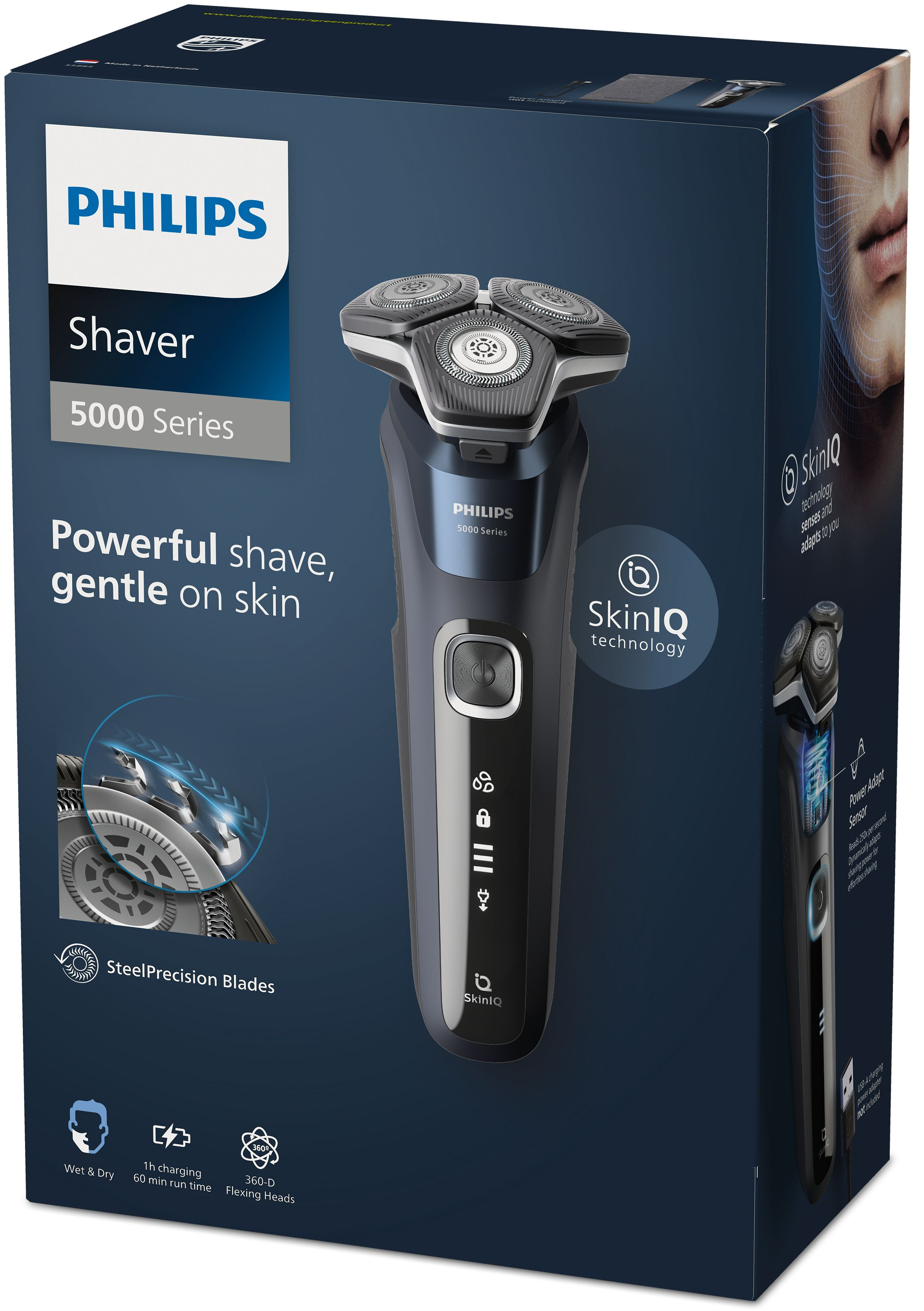 Caja de afeitadora Philips con la afeitadora visible, con el logotipo de la marca y el nombre del producto.