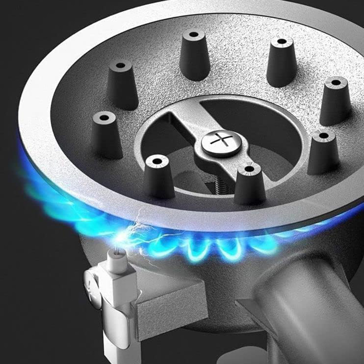 Primer plano de un quemador de estufa de gas con llamas azules y chispa.