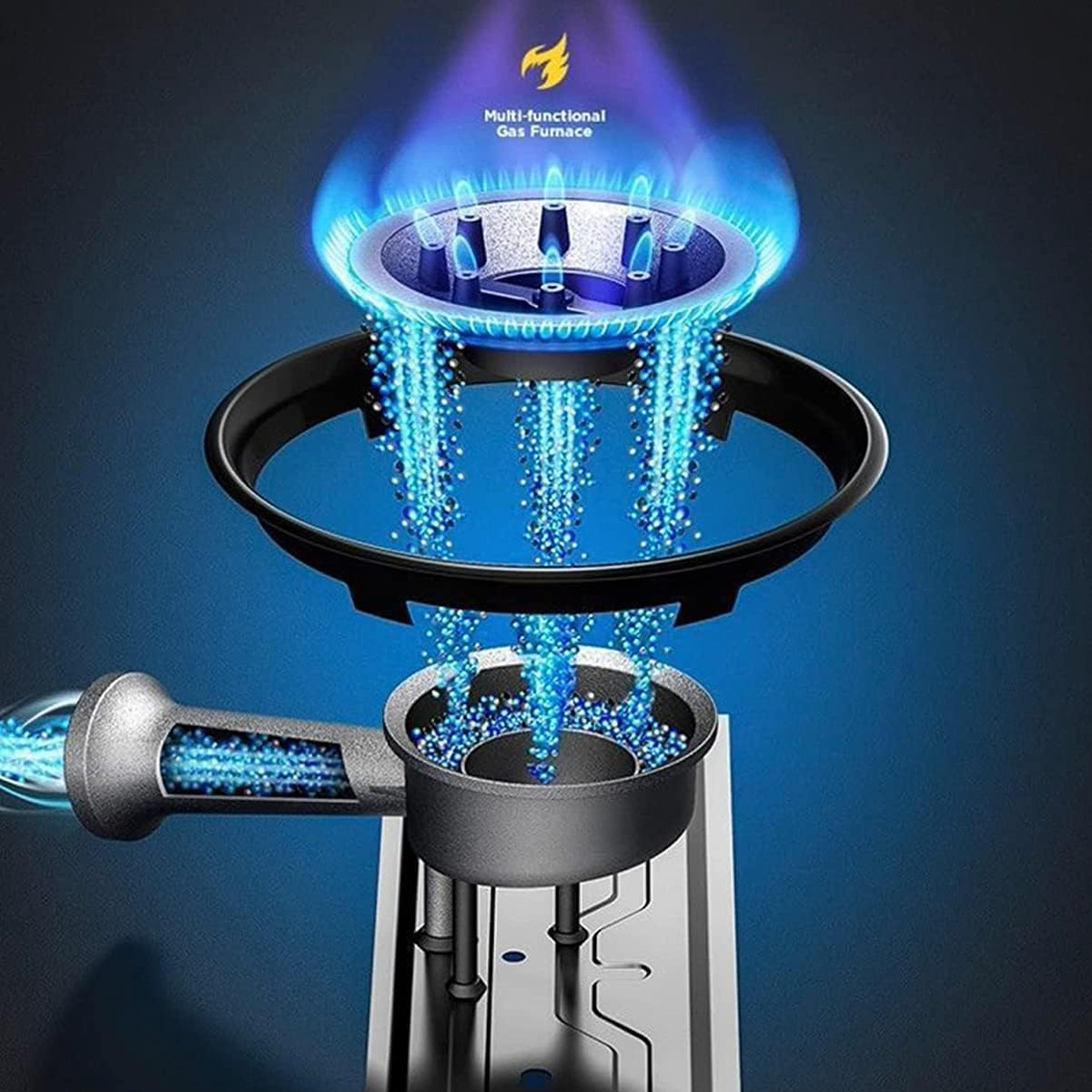 Una ilustración de un quemador de gas con llamas y el flujo de gas resaltado en azul.