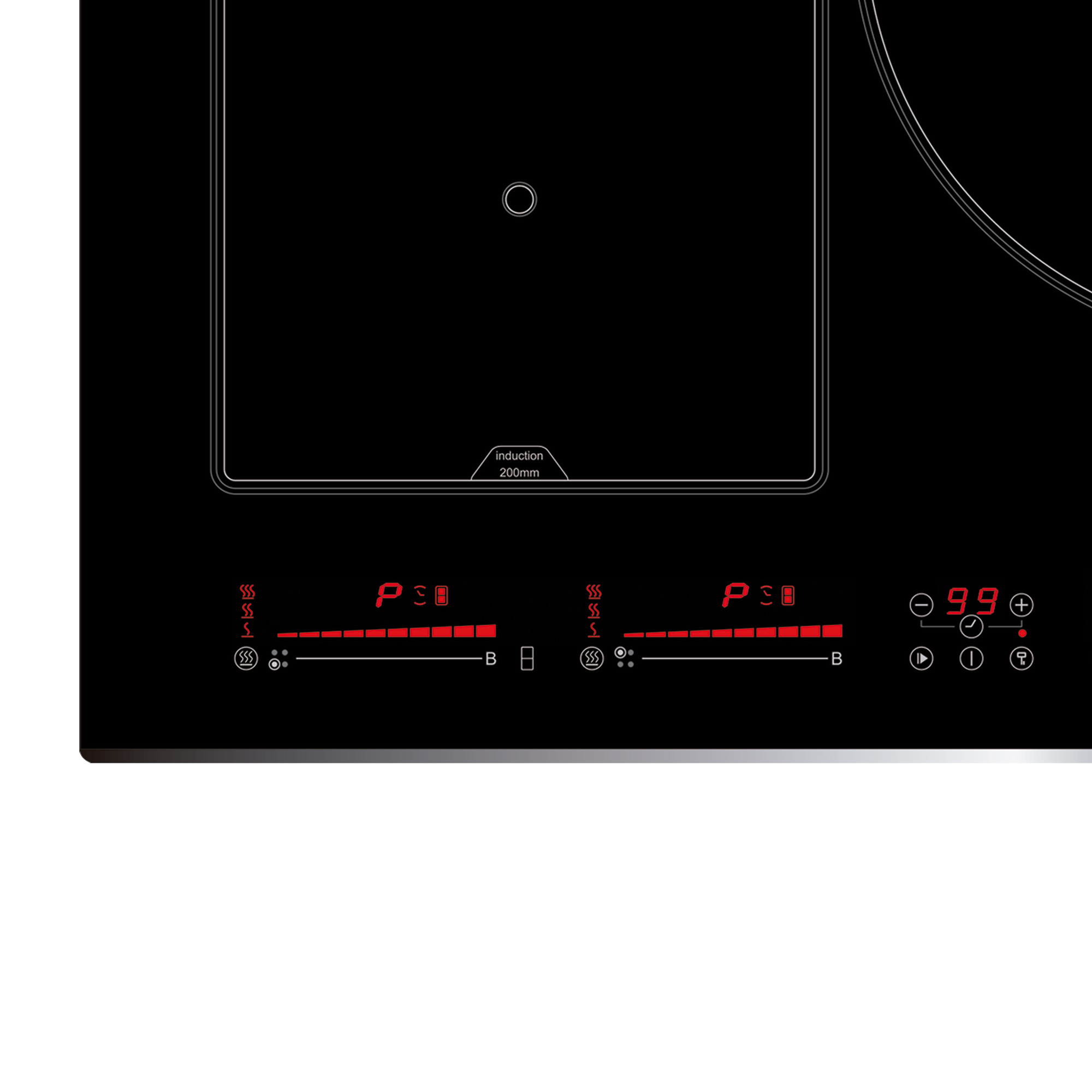 Czarna płyta grzewcza ze szklanym blatem, czerwonymi wyświetlaczami i symbolami.