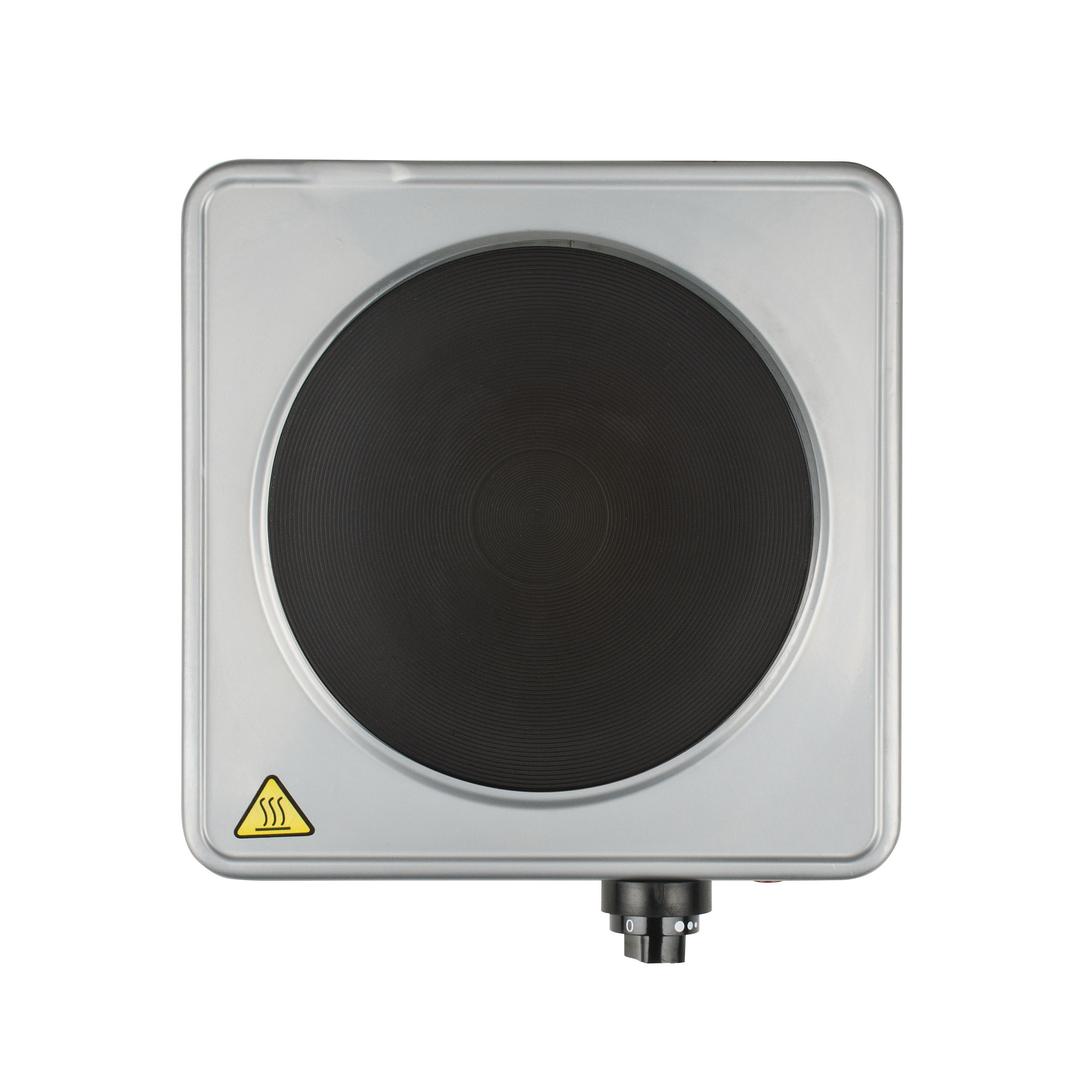 Pojedyncza kwadratowa płyta elektryczna z okrągłym elementem grzejnym i symbolem ostrzegawczym.