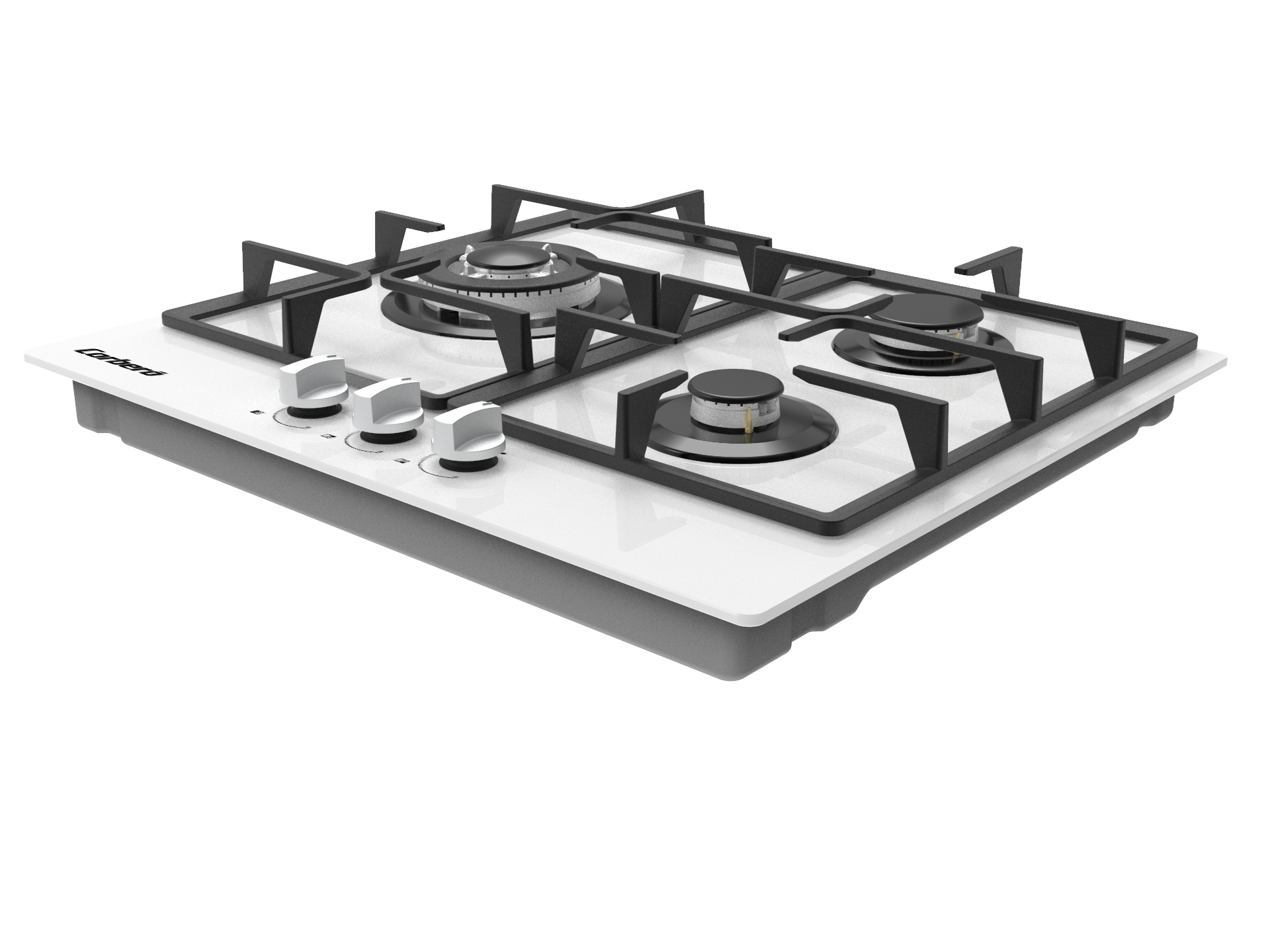 Una placa blanca con cuatro quemadores, mandos plateados y parrillas negras, marca Lander.