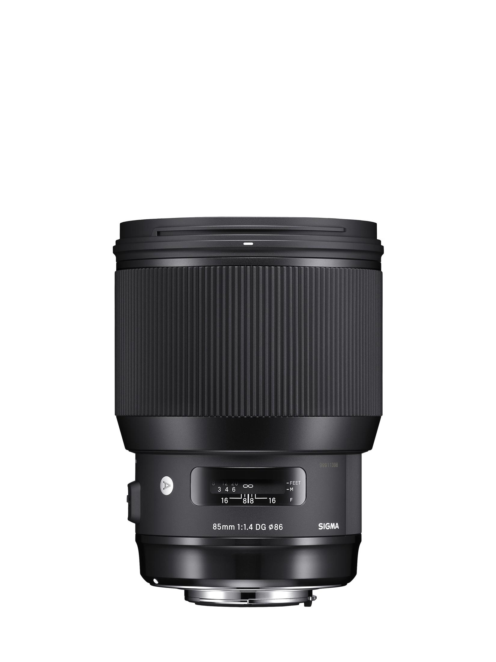 Czarny obiektyw Sigma 85mm 1:1.4 DG, z żebrowanym uchwytem i ustawieniami ostrości, na białym tle.