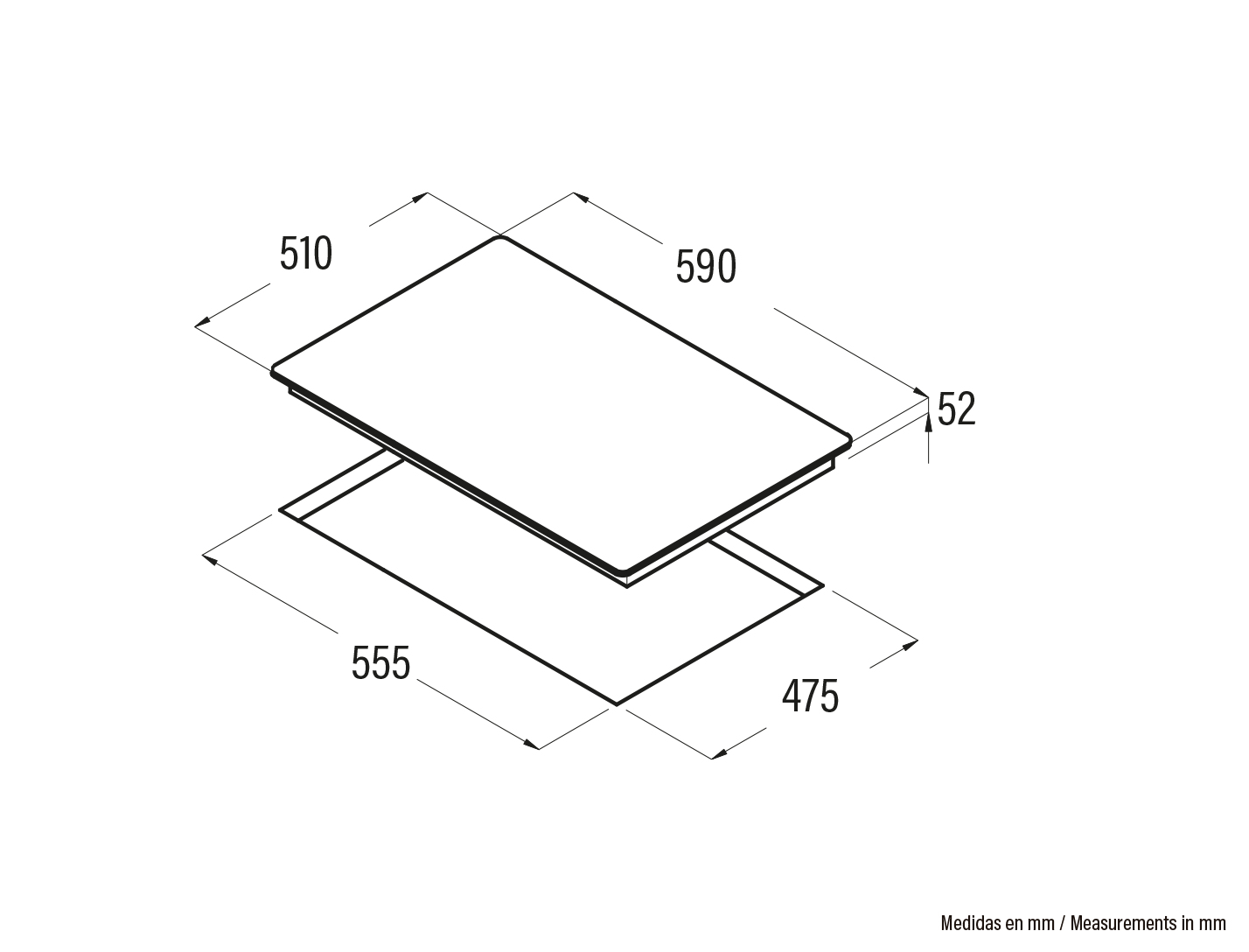 Czarny prostokąt o wymiarach 510x590 mm i grubości 52 mm, z liniami pokazującymi wymiary.