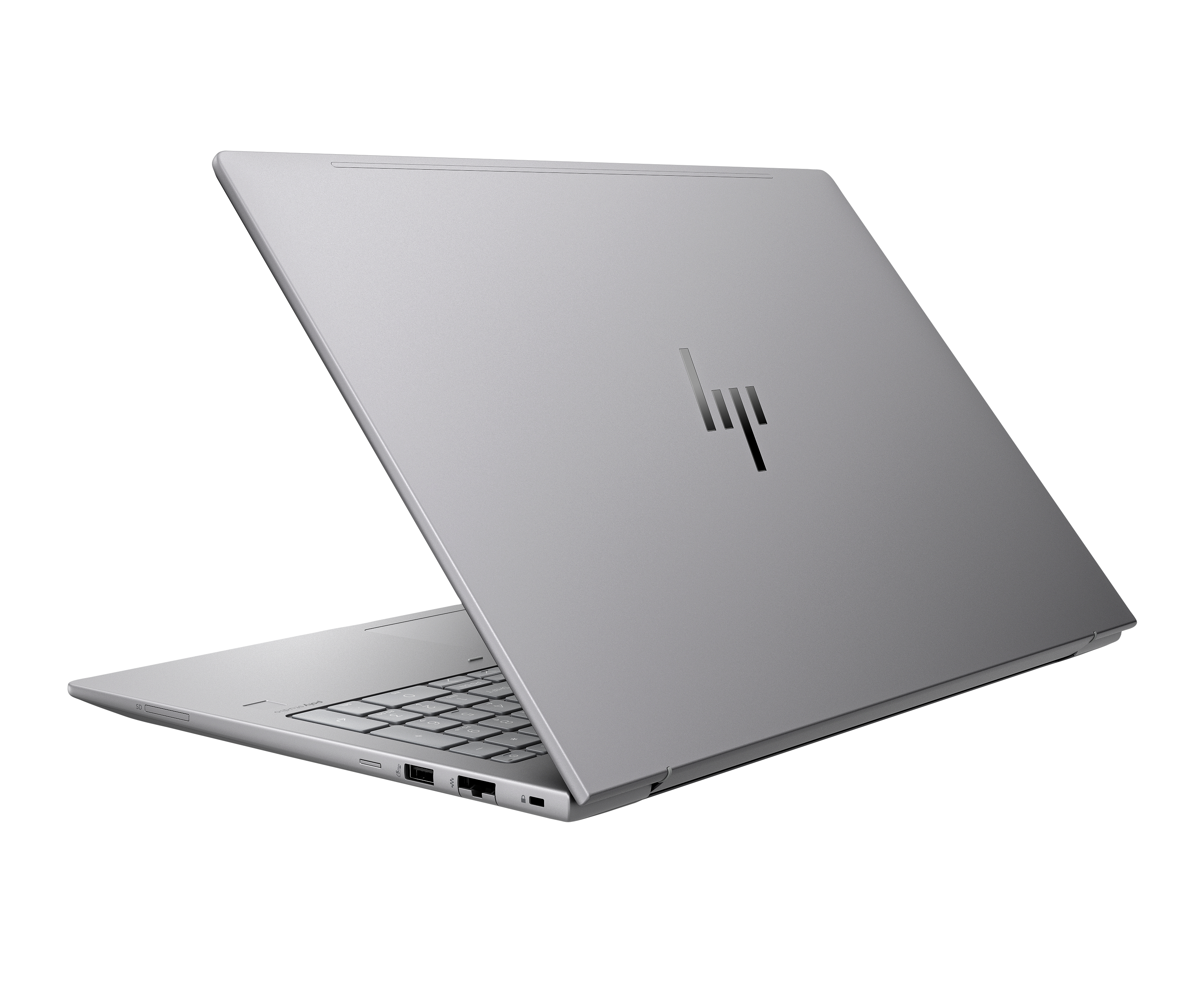 Silberner Laptop, leicht geöffnet, angewinkelte Ansicht. HP-Logo auf der Rückseite sichtbar.