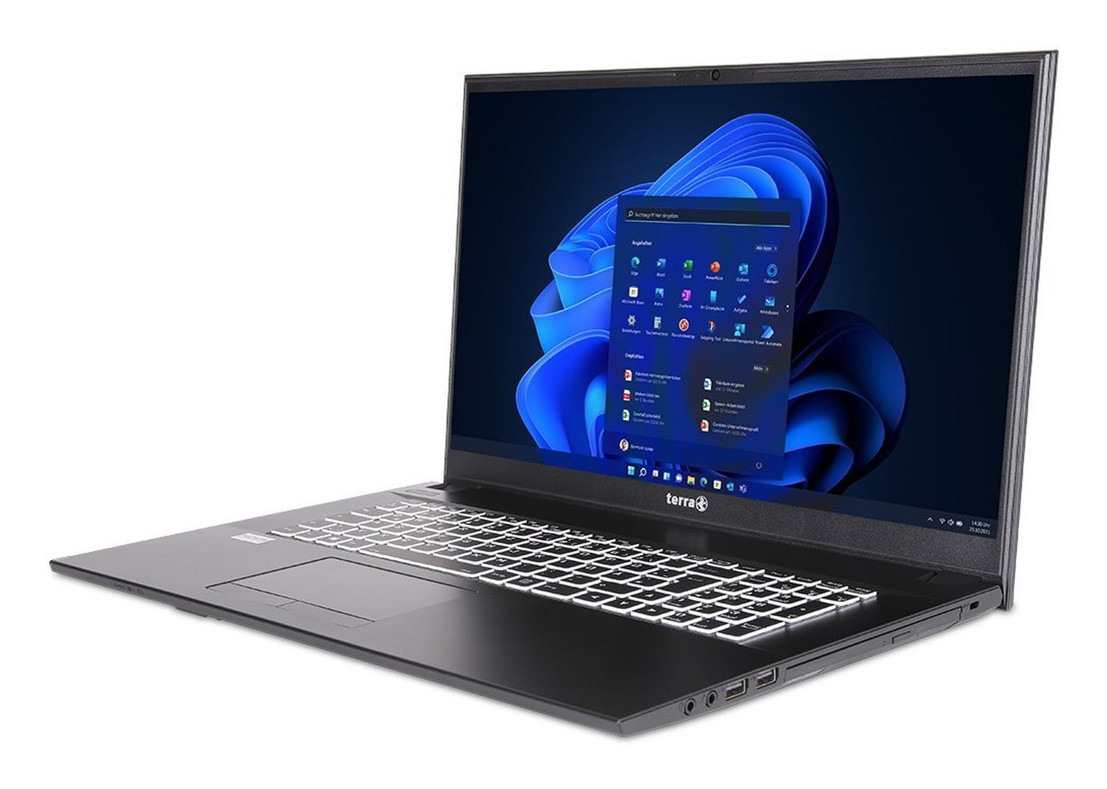 Czarny laptop z interfejsem Windows 11, białe tło. Laptop otwarty.