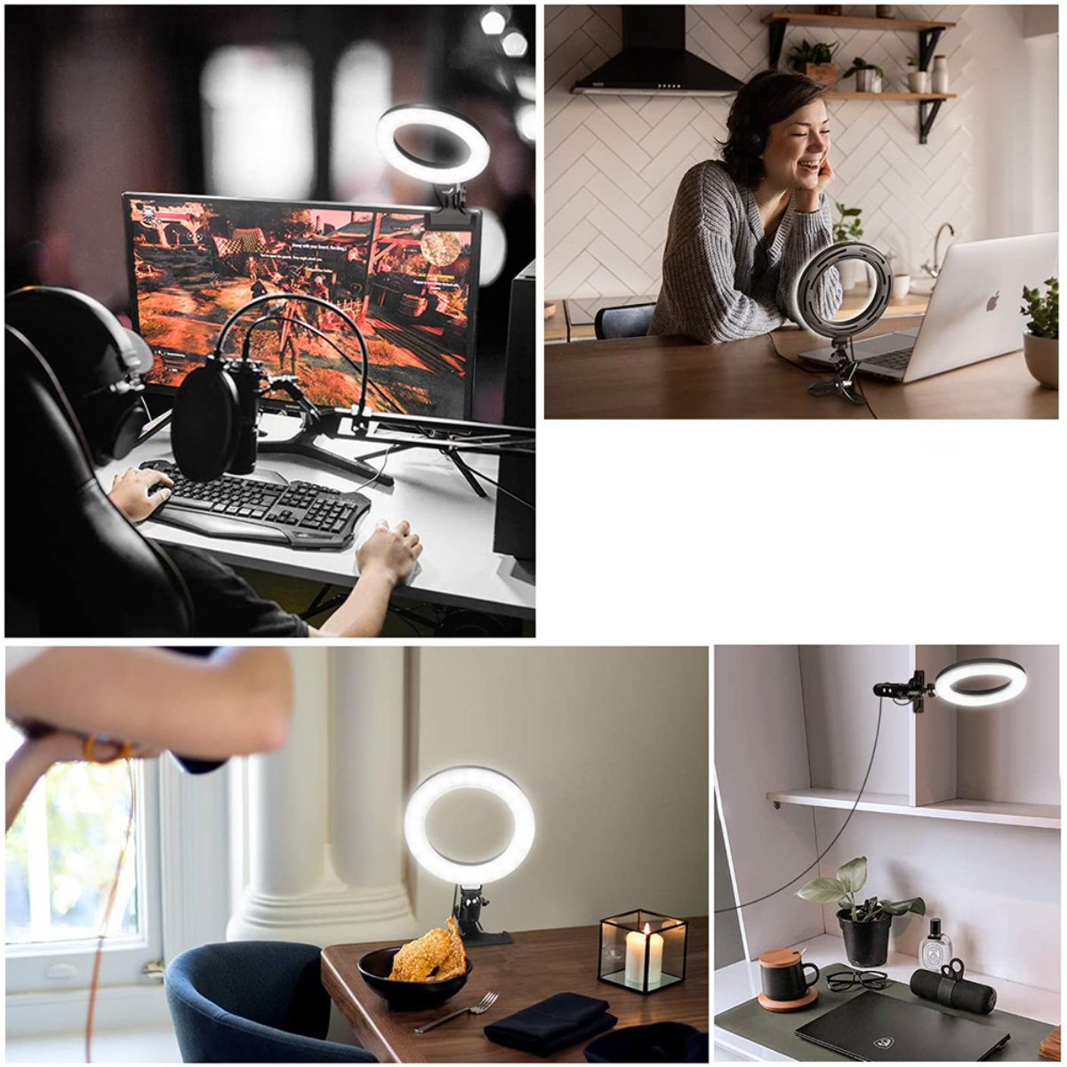 Una colección de escenas con luces de anillo. Se muestran varios entornos y usos.