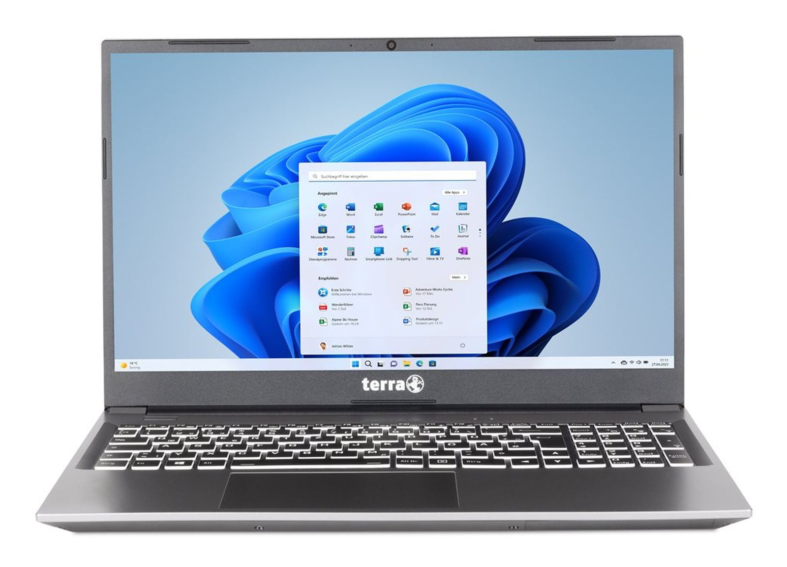 Ein grauer Laptop ist geöffnet und zeigt ein Windows 11-Menü auf dem Bildschirm an. Er hat eine Tastatur und ein Logo unten.