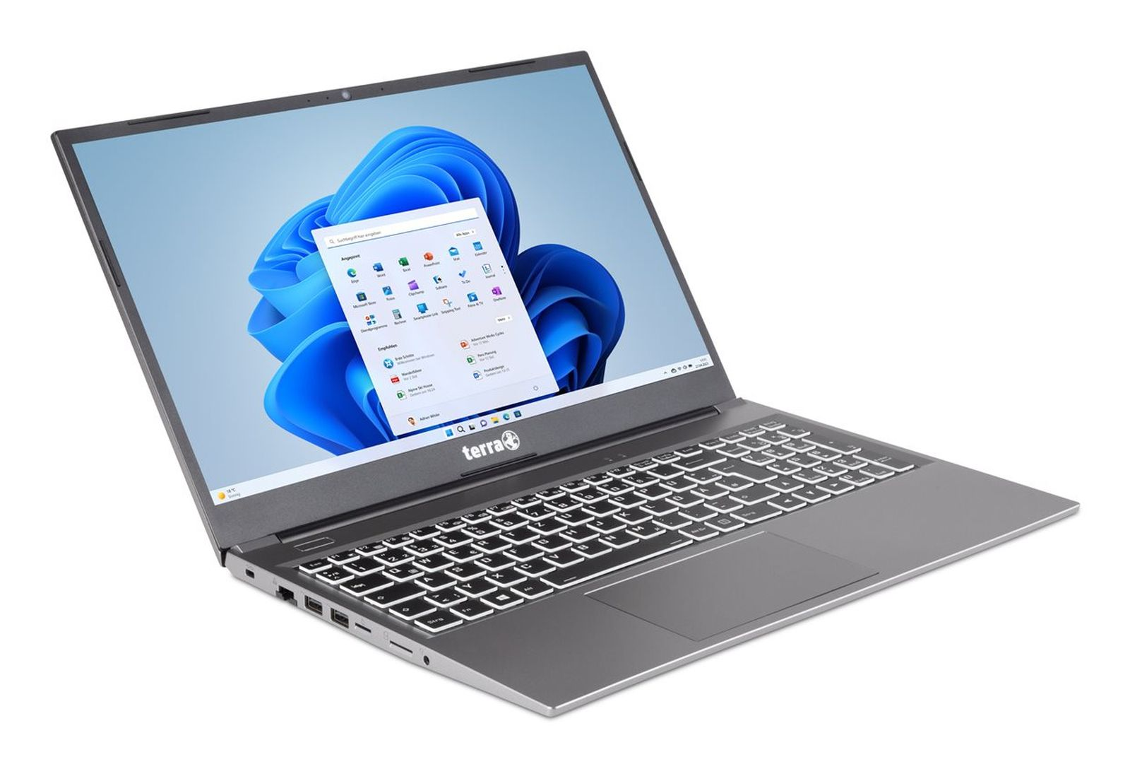 Ein grauer Laptop ist geöffnet und zeigt die Windows 11-Oberfläche an. Er hat eine Tastatur und ein Logo unten.