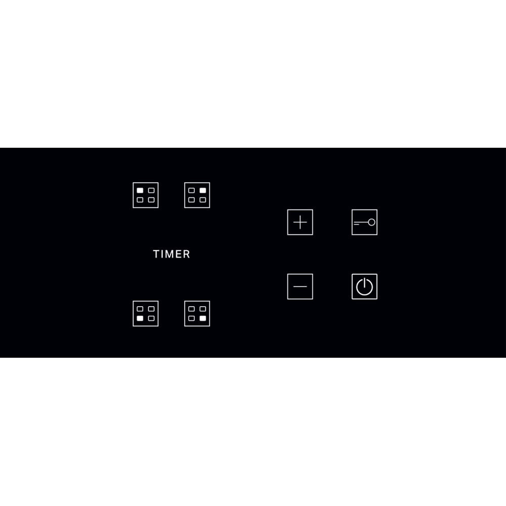 Czarny panel sterowania płyty grzejnej. Widoczne przyciski z timerem i innymi symbolami gotowania.