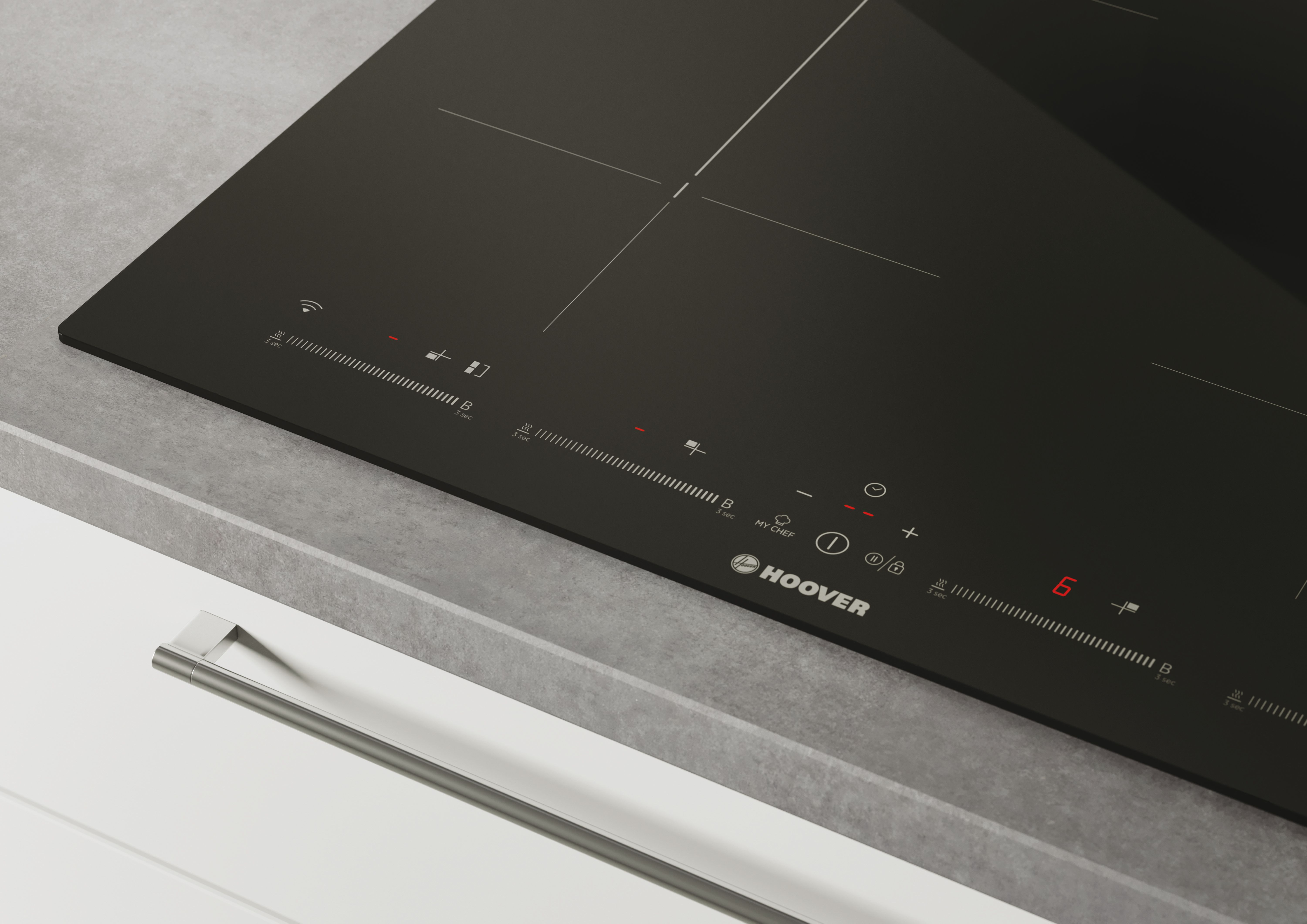 Zbliżenie czarnej płyty indukcyjnej Hoover z elementami sterowania dotykowego i wyświetlaczem cyfrowym. Szary blat.