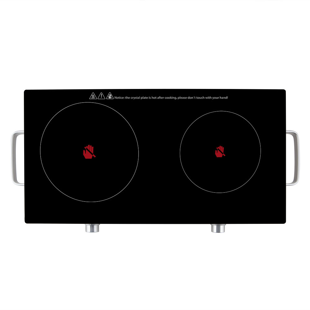Czarna płyta elektryczna z dwoma strefami gotowania. Czerwona ikona dłoni na każdej.