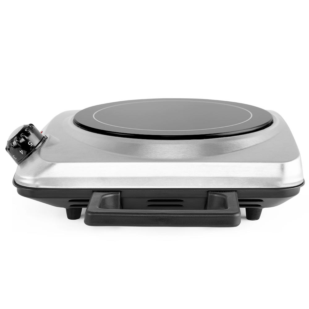 Srebrna elektryczna płyta grzewcza z czarną powierzchnią do gotowania.