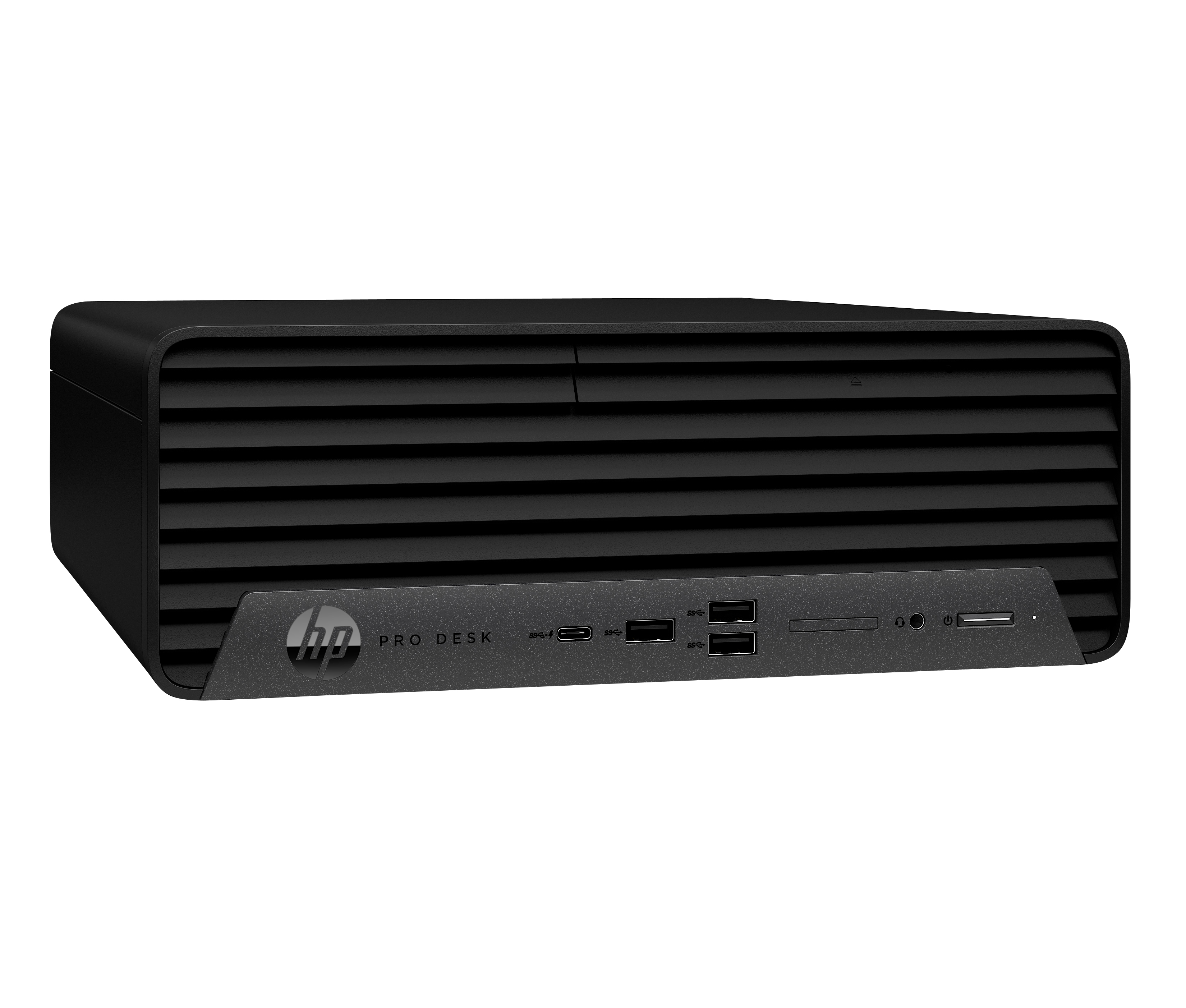 Computer desktop HP ProDesk nero. Ha varie porte e il logo HP è visibile sulla parte anteriore.