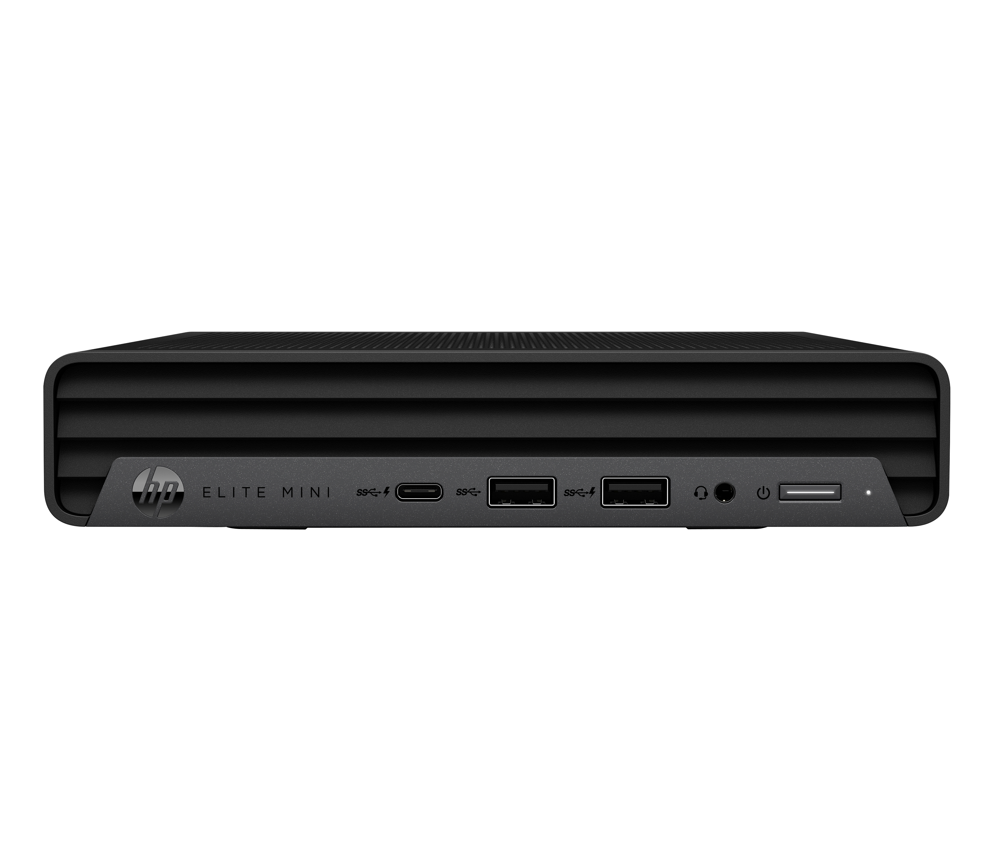 Computer desktop HP Elite Mini nero. Ha varie porte, un pulsante di accensione e il logo HP.