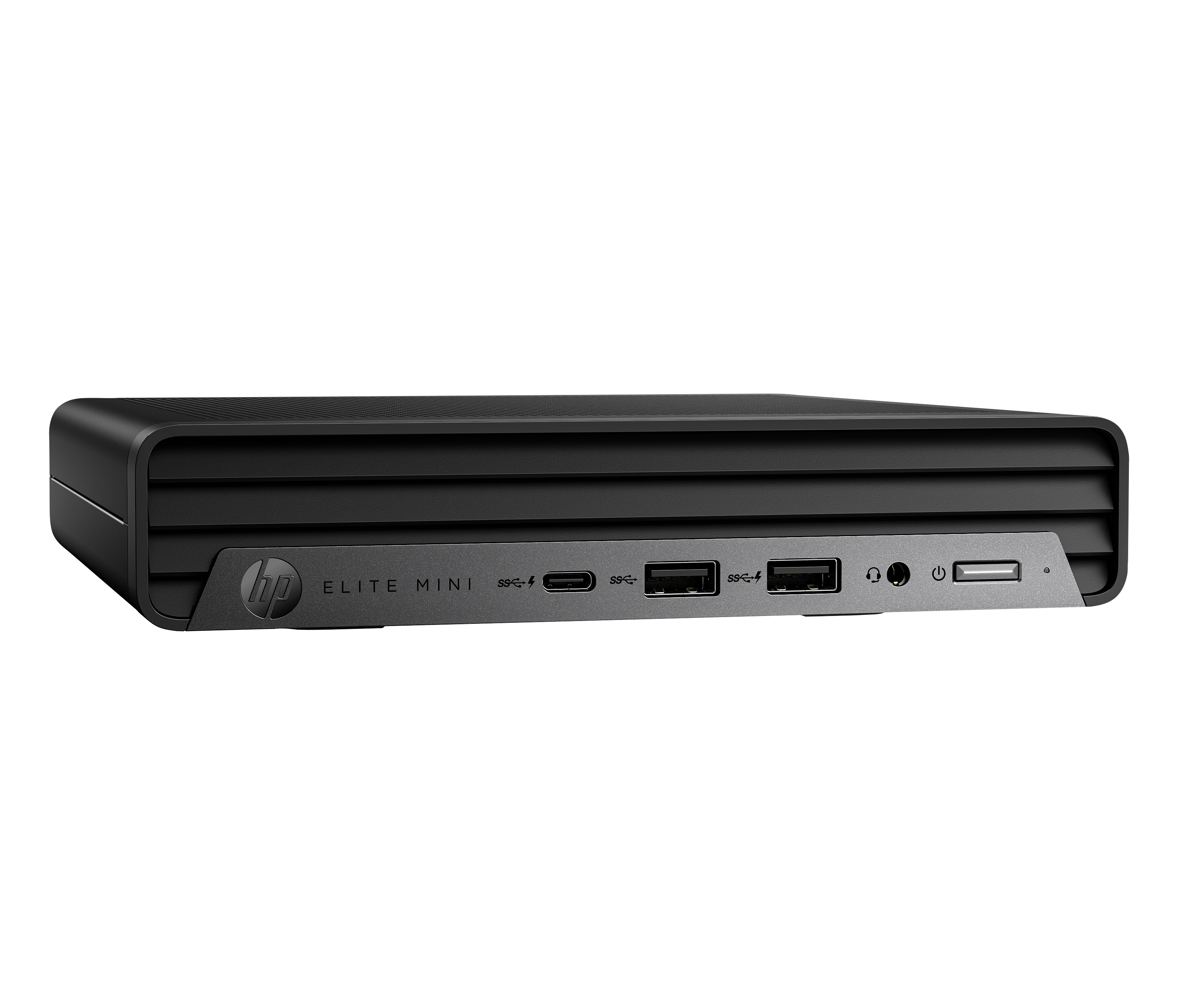 Schwarzer Mini-PC mit mehreren Anschlüssen an der Vorderseite, HP Elite Mini-Etikett.