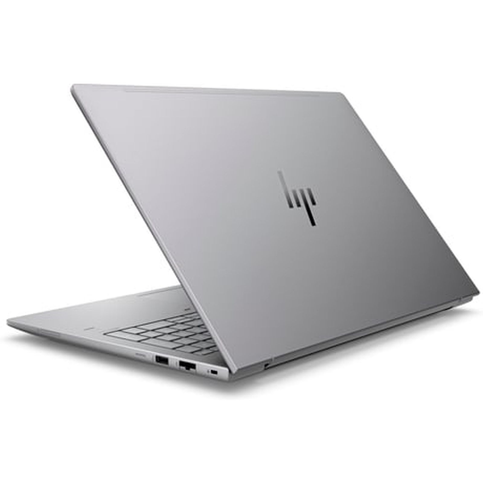 Zamknięty srebrny laptop z widocznym logo HP z tyłu.
