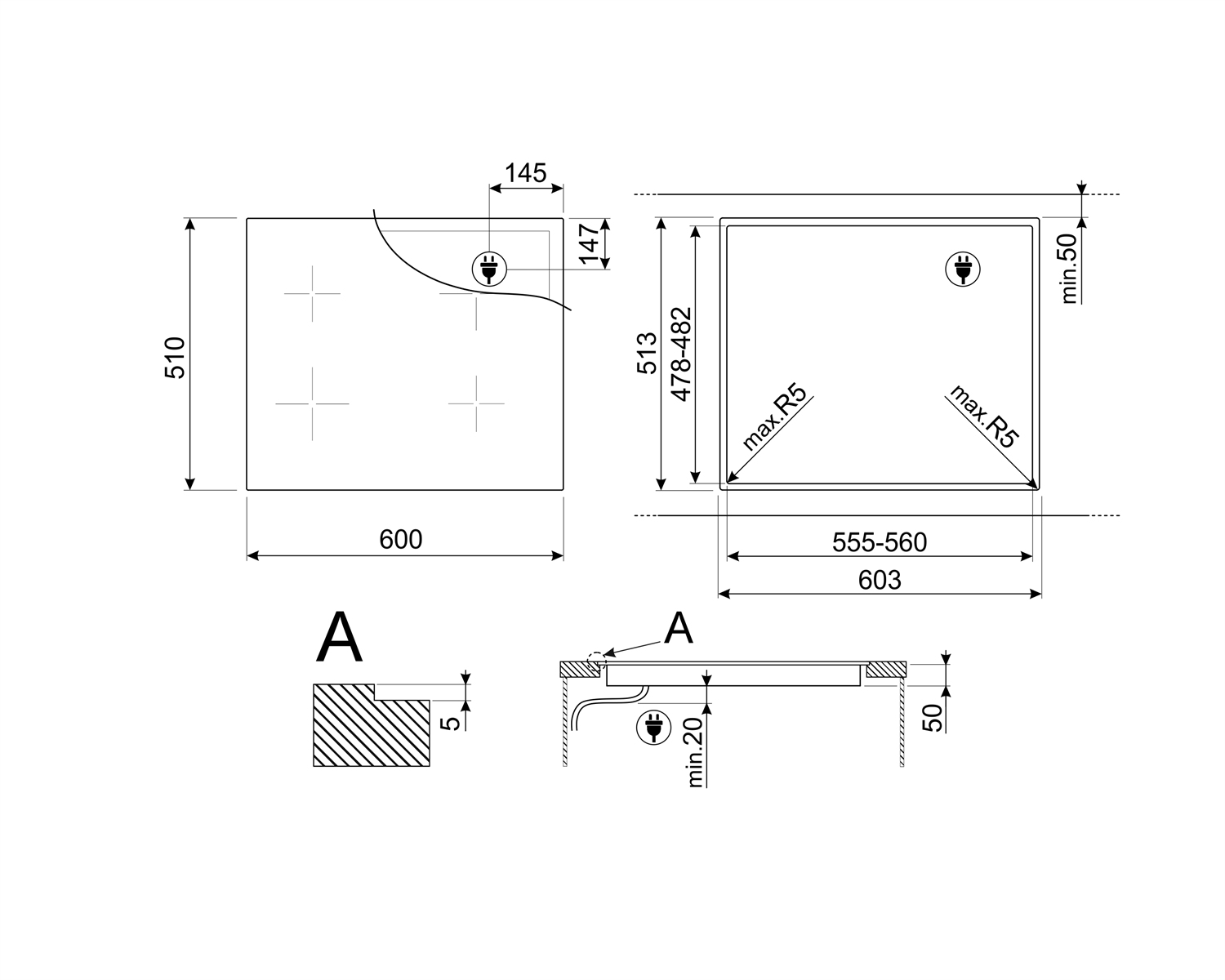 Disegno tecnico di un piano cottura a quattro fuochi, con dimensioni e dettagli.