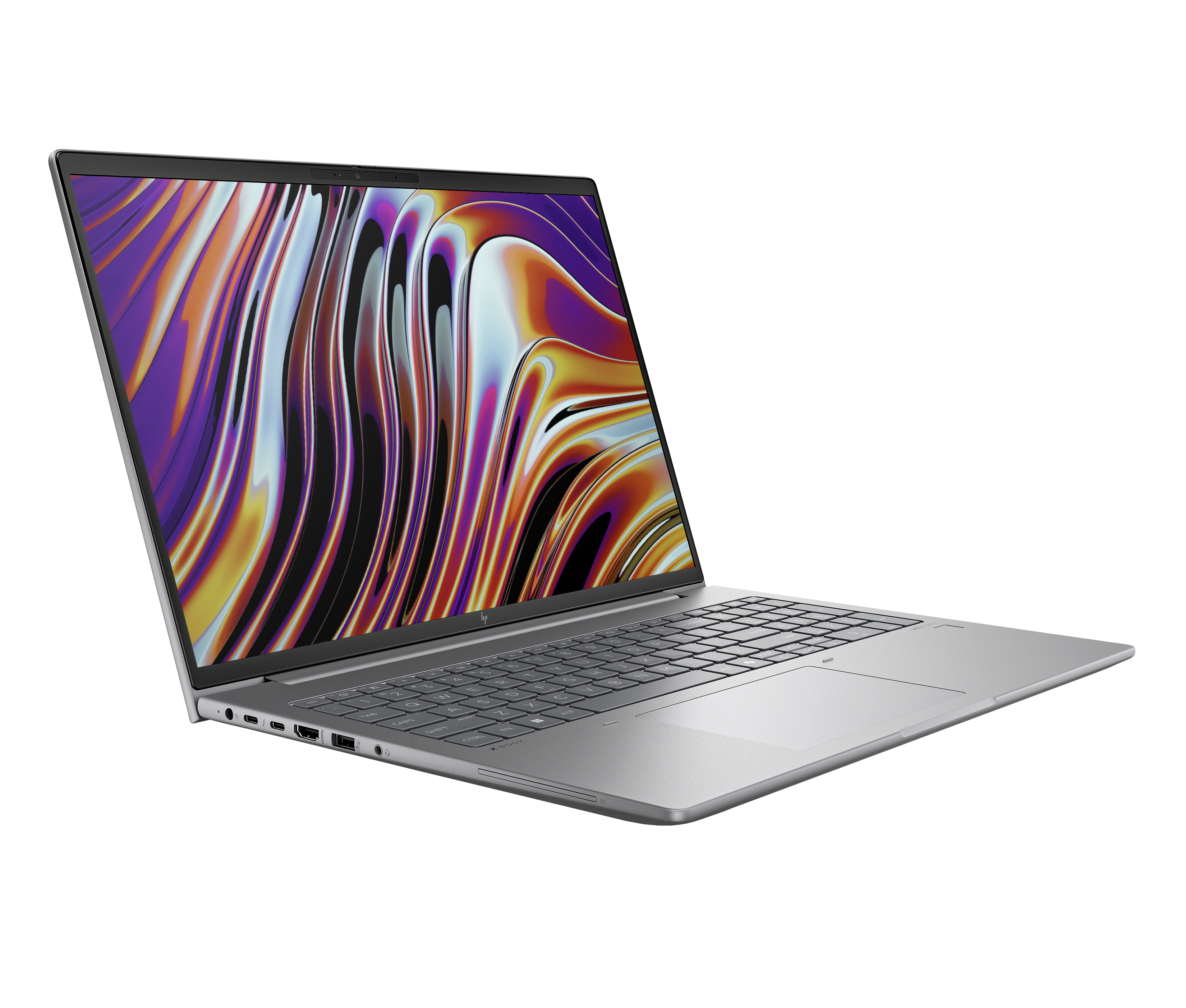 Silberner Laptop, geöffnet, mit farbenfrohem Bildschirm. Weißer Hintergrund.