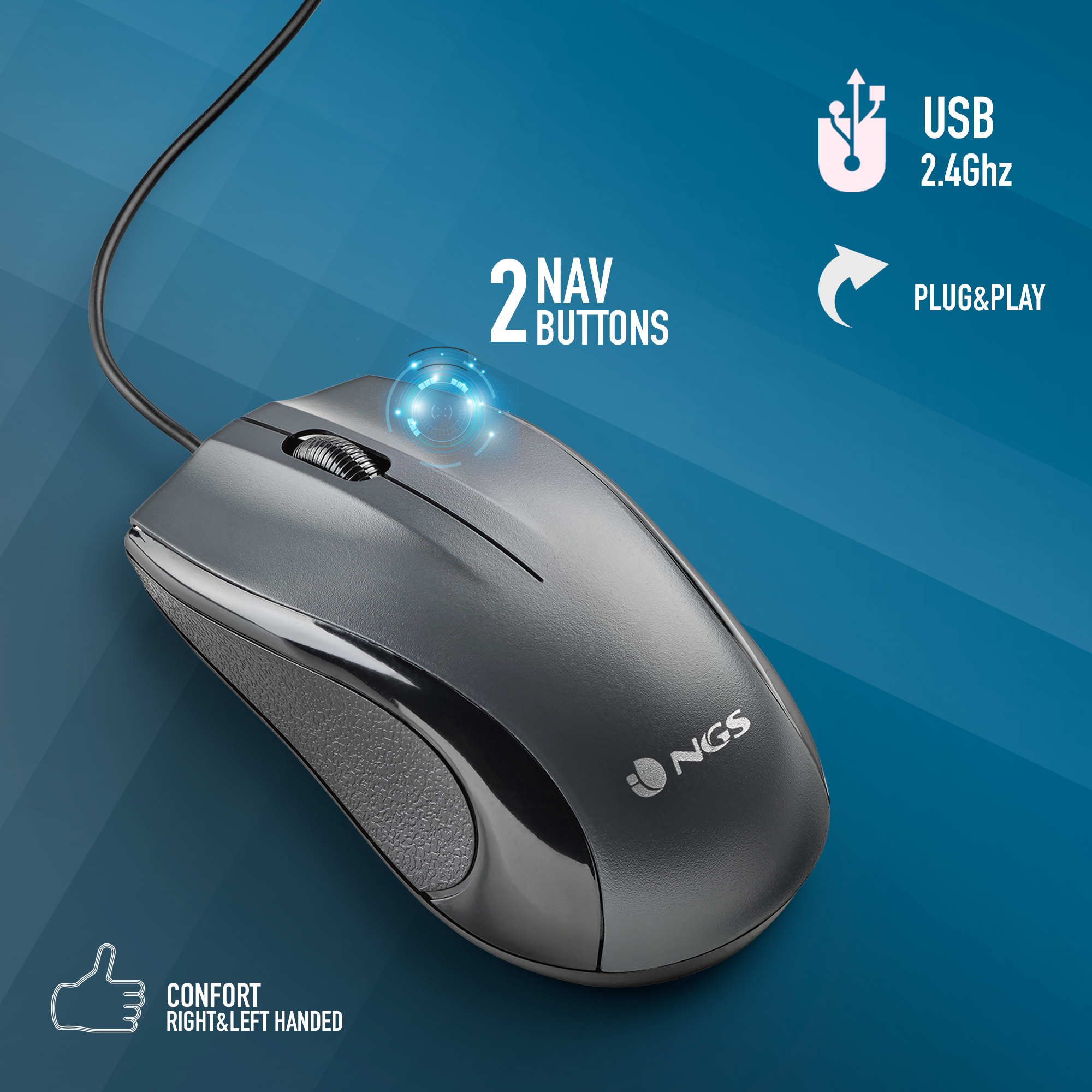 Mouse nero con due pulsanti di navigazione e rotella, su sfondo blu.