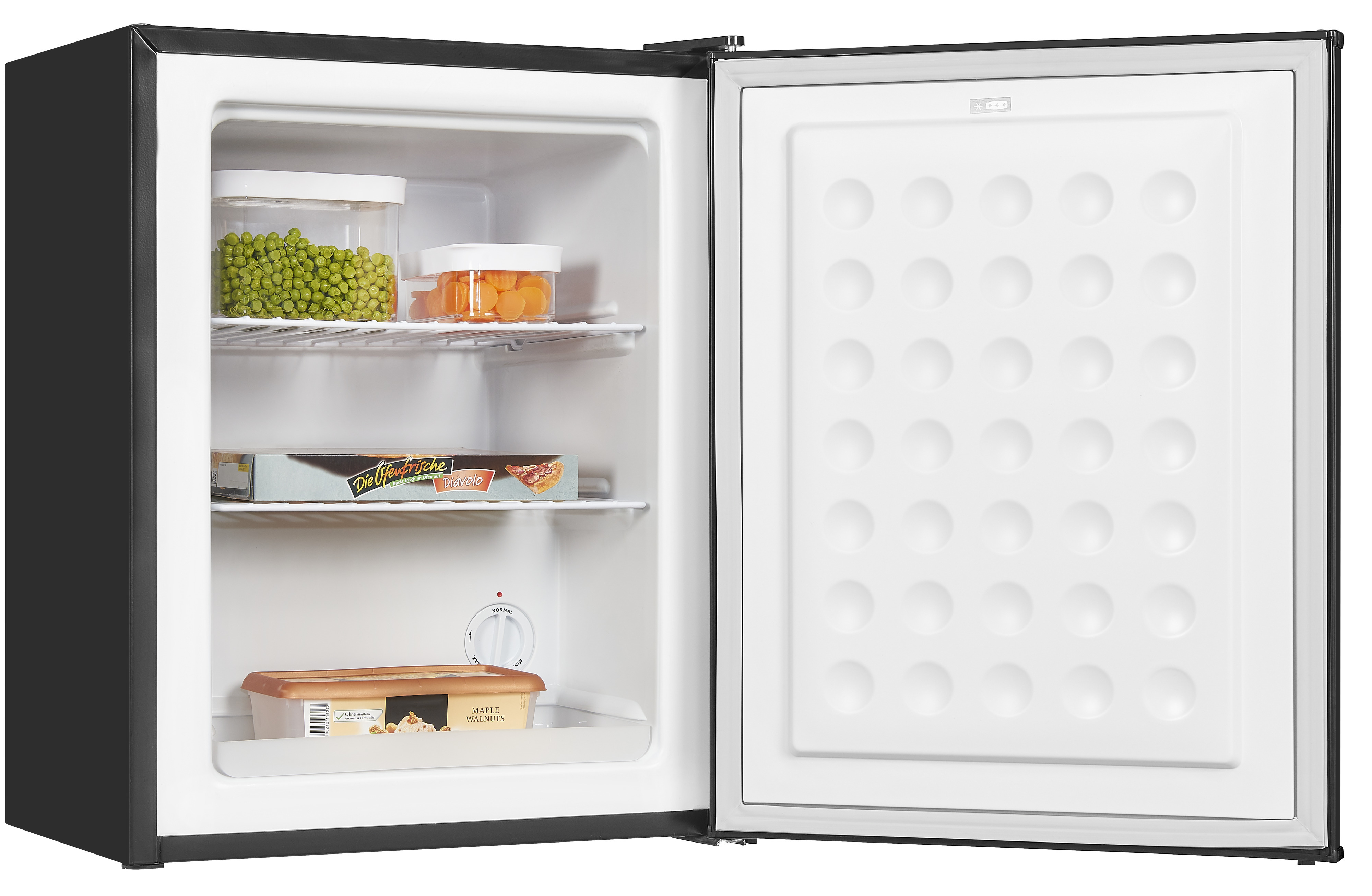 A black, open mini fridge with food items on the shelves: peas, carrots, and frozen pizza.