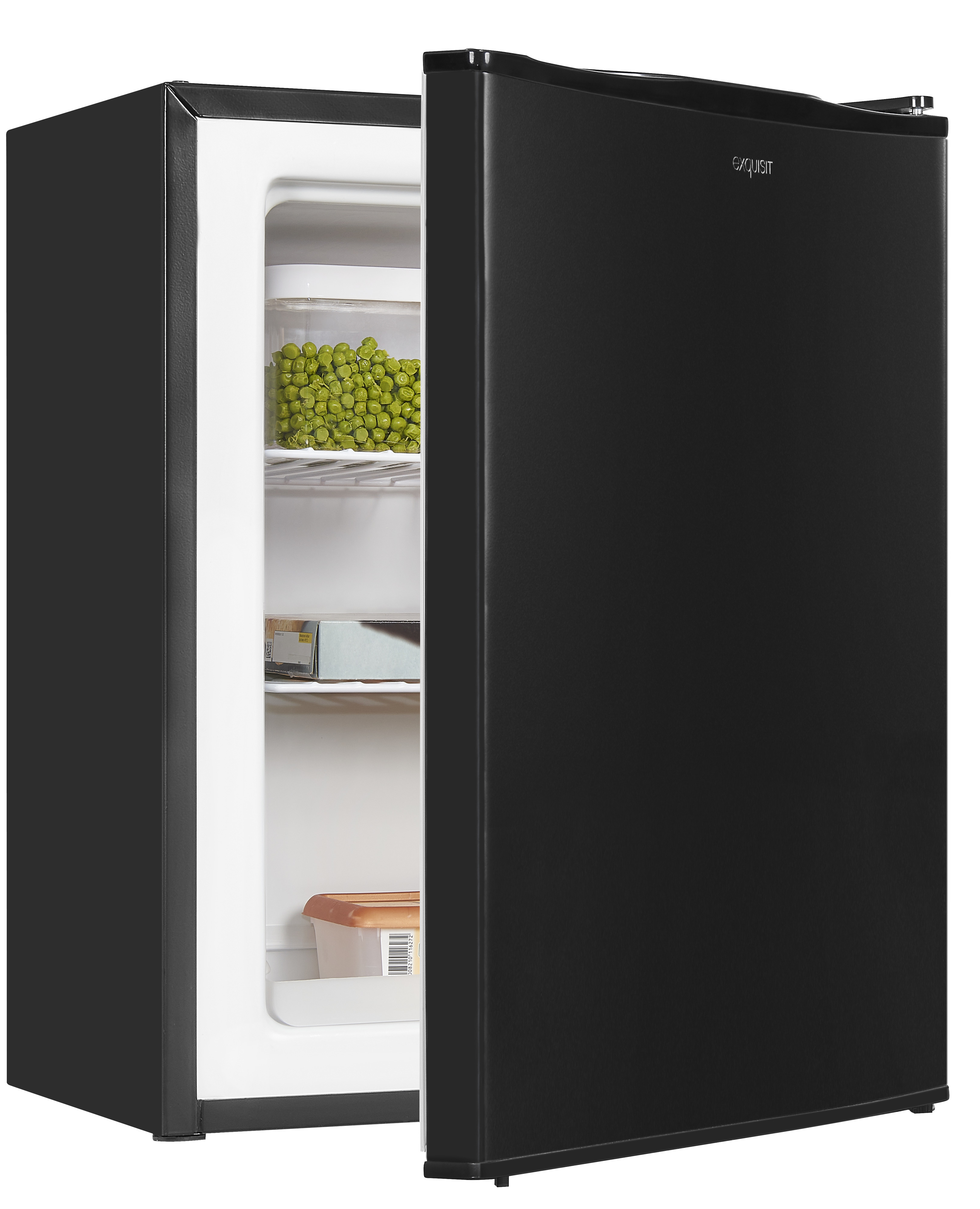 A black mini fridge, open, with shelves holding peas, carrots, and frozen food. White interior.
