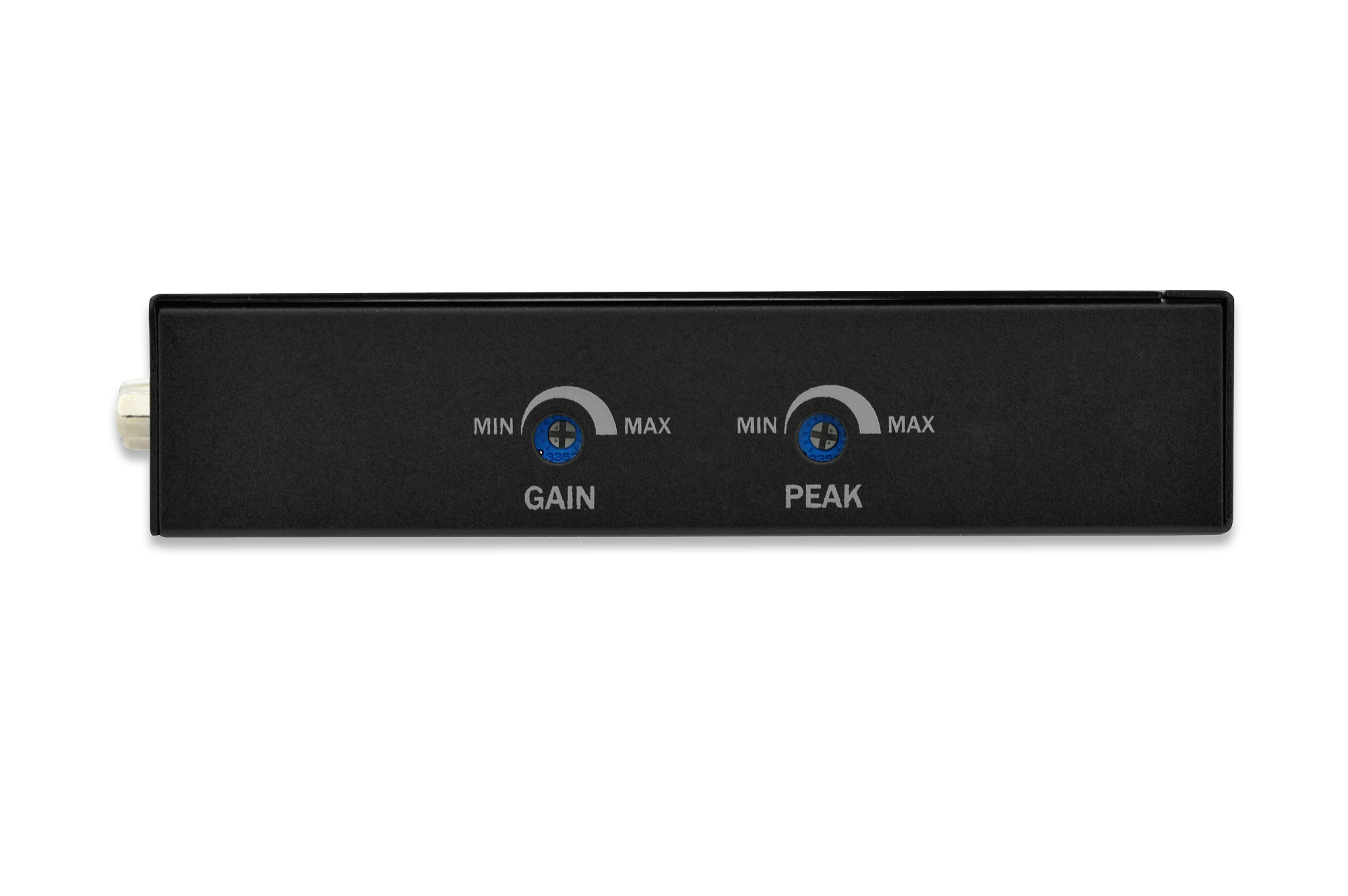 Ein schwarzes Audiogerät mit Gain- und Peak-Reglern.