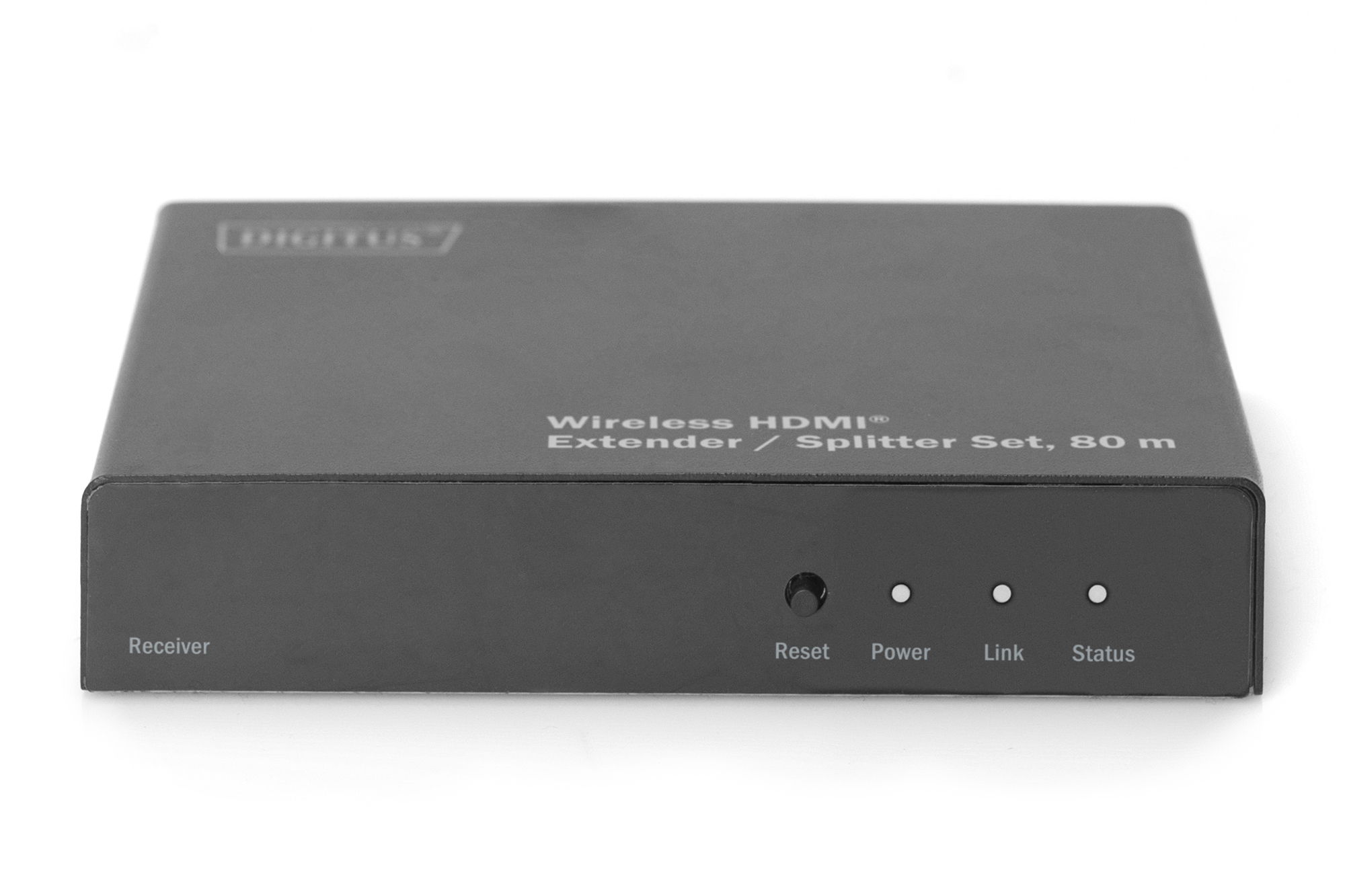 Ein schwarzer Wireless HDMI Extender mit Knöpfen und dem Markennamen 'DIGITUS'.