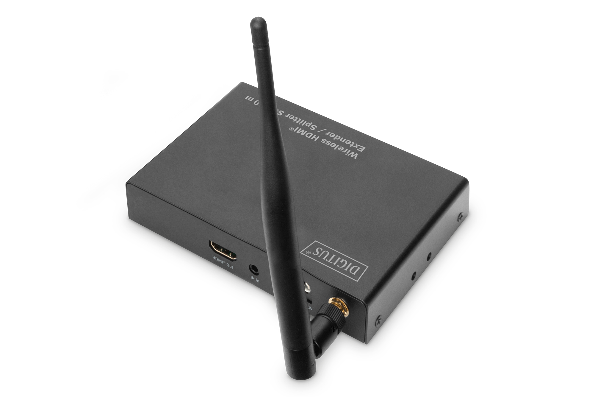 Schwarzer HDMI-Extender mit Antenne. Text: Wireless HDMI Extender / Splitter Set, 80 m.